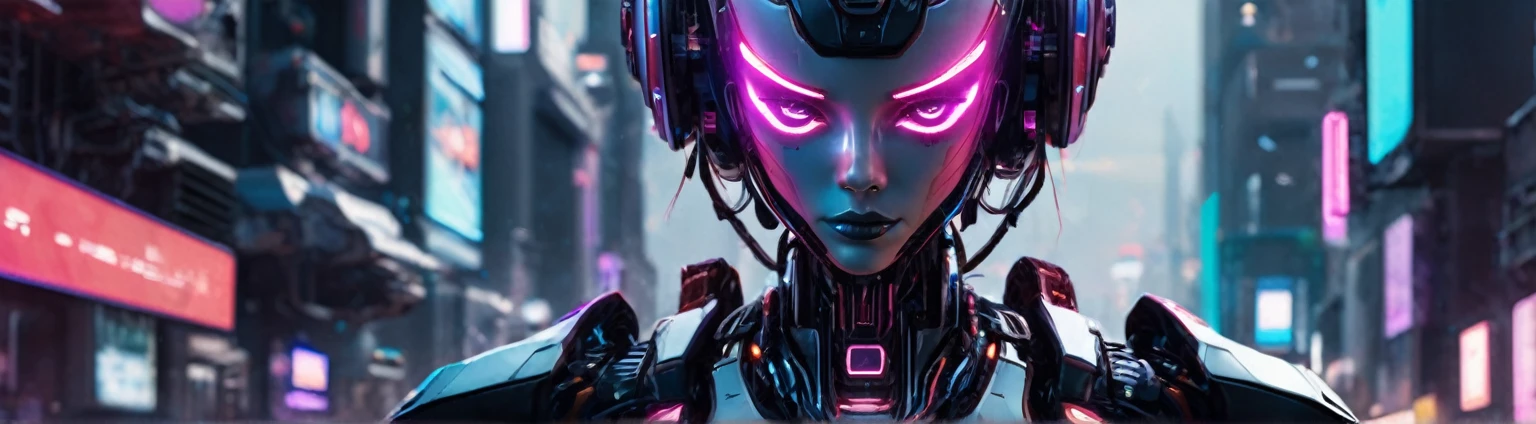 Create a YouTube channel banner with the following specifications:
- Size: 1546 × 423 pixels, but ensure the main content fits within 1546 x 423 pixels
- Theme: CyberWaveLofi, a channel that produces lo-fi music
- Central text: "CyberWaveLofi" in a futuristic, space-themed font, prominently displayed in the center
- Main visual: A clearly human-like but obviously female AI cyborg with a proportionate neck, an attractive face, and stylish hair
- Background: Futuristic and cool, with a cyberpunk aesthetic
- Use colors and elements that convey a near-future, high-tech vibe