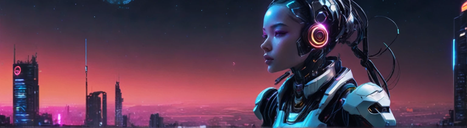 Create a YouTube channel banner with the following specifications:
- Size: 1546 × 423 pixels, but ensure the main content fits within 1546 x 423 pixels
- Theme: CyberWaveLofi, a channel that produces lo-fi music
- Central text: "CyberWaveLofi" in a futuristic, space-themed font, prominently displayed in the center
- Main visual: A clearly human-like but obviously female AI cyborg with a proportionate neck, an attractive face, and stylish hair
- Background: Futuristic and cool, with a cyberpunk aesthetic
- Use colors and elements that convey a near-future, high-tech vibe