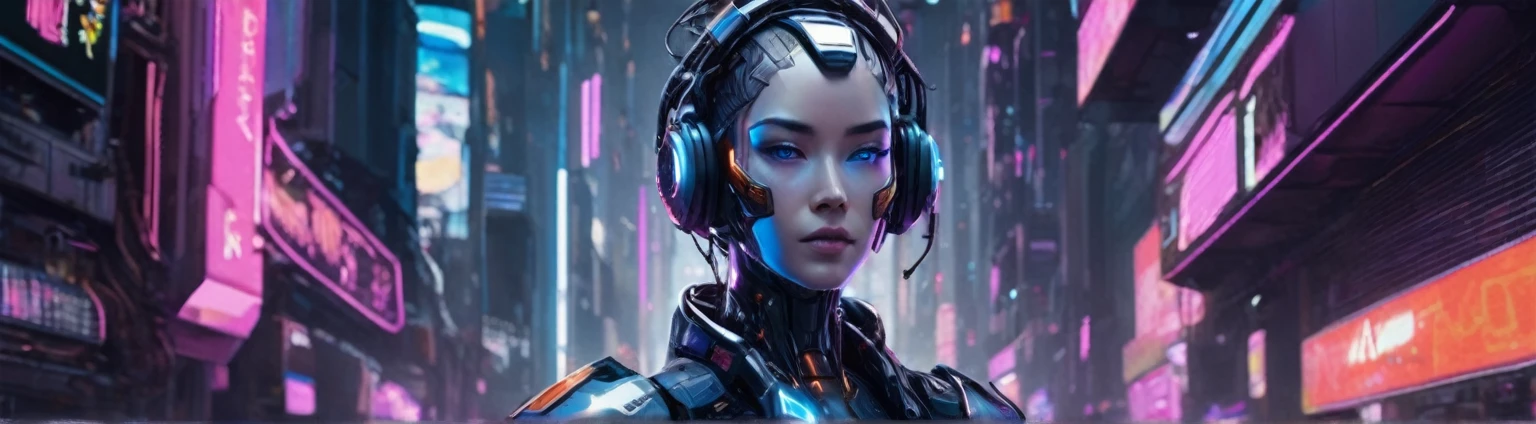 Create a YouTube channel banner with the following specifications:
- Size: 1546 × 423 pixels, but ensure the main content fits within 1546 x 423 pixels
- Theme: CyberWaveLofi, a channel that produces lo-fi music
- Central text: "CyberWaveLofi" in a futuristic, space-themed font, prominently displayed in the center
- Main visual: A clearly human-like but obviously female AI cyborg with a proportionate neck, an attractive face, and stylish hair
- Background: Futuristic and cool, with a cyberpunk aesthetic
- Use colors and elements that convey a near-future, high-tech vibe