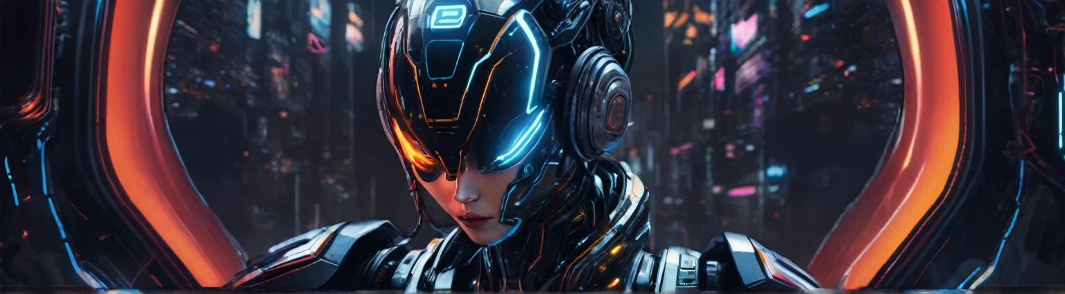 Create a YouTube channel banner with the following specifications:
- Size: 1546 × 423 pixels, but ensure the main content fits within 1546 x 423 pixels
- Theme: CyberWaveLofi, a channel that produces lo-fi music
- Central text: "CyberWaveLofi" in a futuristic, space-themed font, prominently displayed in the center
- Main visual: A clearly human-like but obviously female AI cyborg with a proportionate neck, an attractive face, and stylish hair
- Background: Futuristic and cool, with a cyberpunk aesthetic
- Use colors and elements that convey a near-future, high-tech vibe