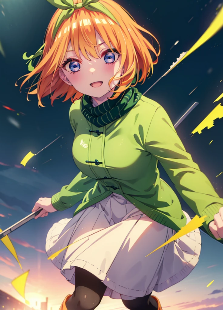 Yotsubanakano, Yotsuba Nakano, bangs, short hair, blue eyes, Hair between the eyes, hair ribbon, hair band, Orange Hair, (Green ribbon:1.5), smile,Green long coat,sweater,White scarf,Long skirt,Black pantyhose,short boots,It&#39;s snowing,Snow is piled up,Walking,whole bodyがイラストに入るように,
break ourdoors, Snow Country,
break looking at viewer, whole body,
break (masterpiece:1.2), Highest quality, High resolution, unity 8k wallpaper, (figure:0.8), (Beautiful attention to detail:1.6), Highly detailed face, Perfect lighting, Highly detailed CG, (Perfect hands, Perfect Anatomy),