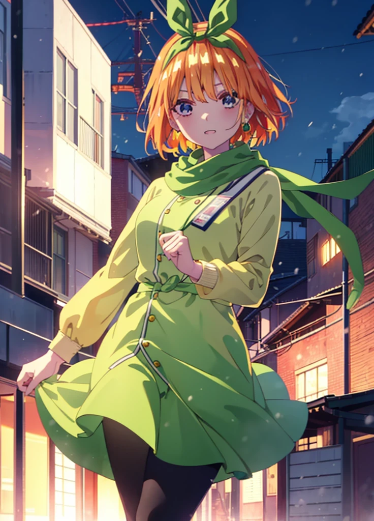 Yotsubanakano, Yotsuba Nakano, bangs, short hair, blue eyes, Hair between the eyes, hair ribbon, hair band, Orange Hair, (Green ribbon:1.5), smile,Green long coat,sweater,White scarf,Long skirt,Black pantyhose,short boots,It&#39;s snowing,Snow is piled up,Walking,whole bodyがイラストに入るように,
break ourdoors, Snow Country,
break looking at viewer, whole body,
break (masterpiece:1.2), Highest quality, High resolution, unity 8k wallpaper, (figure:0.8), (Beautiful attention to detail:1.6), Highly detailed face, Perfect lighting, Highly detailed CG, (Perfect hands, Perfect Anatomy),