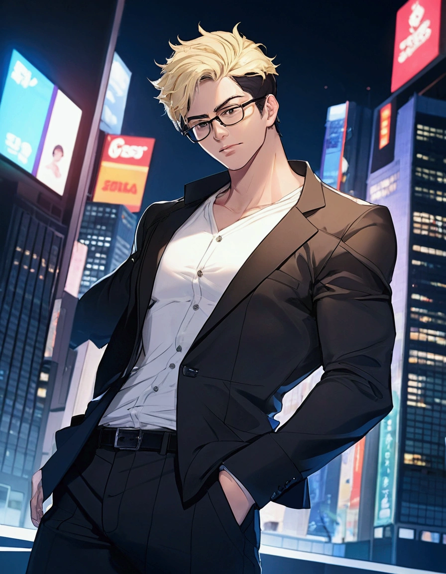 Portrait Shot。Have a professional camera:1.9、Villain、modern、night、Apartment room、He has a bad appearance、Black-rimmed glasses、Dark circles under the eyes:1.3,Lean and muscular、Short cropped hair、Blonde、Guess、White shirt、