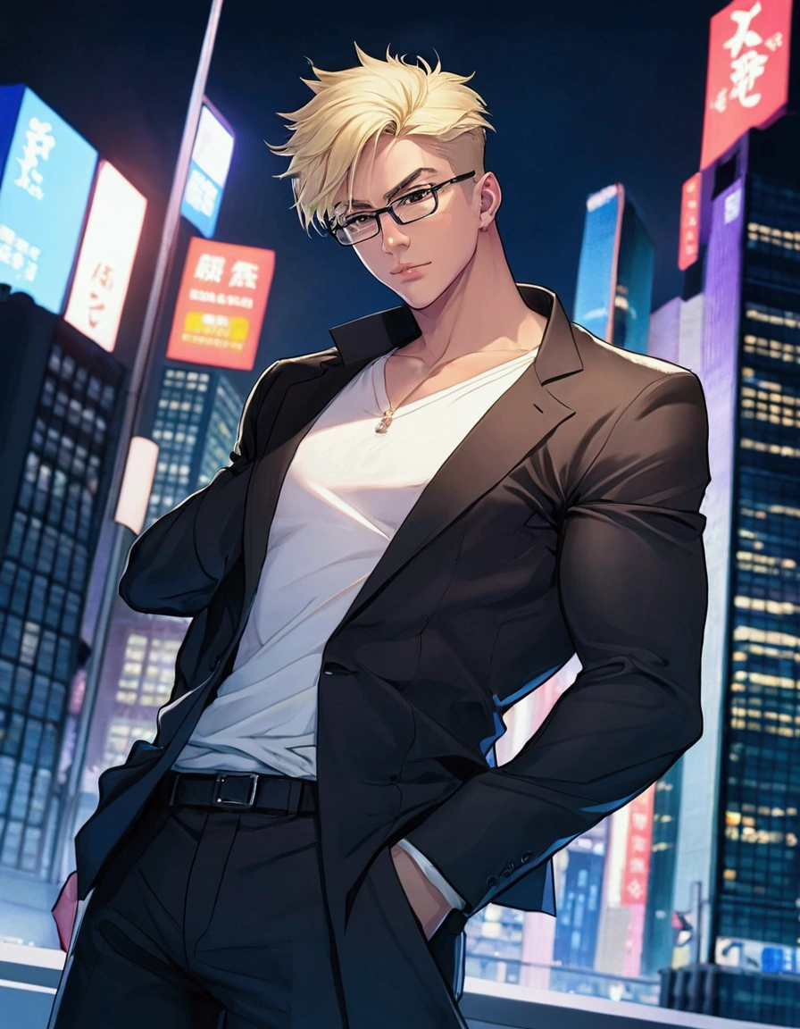 Portrait Shot。Have a professional camera:1.9、Villain、modern、night、Apartment room、He has a bad appearance、Black-rimmed glasses、Dark circles under the eyes:1.3,Lean and muscular、Short cropped hair、Blonde、Guess、White shirt、