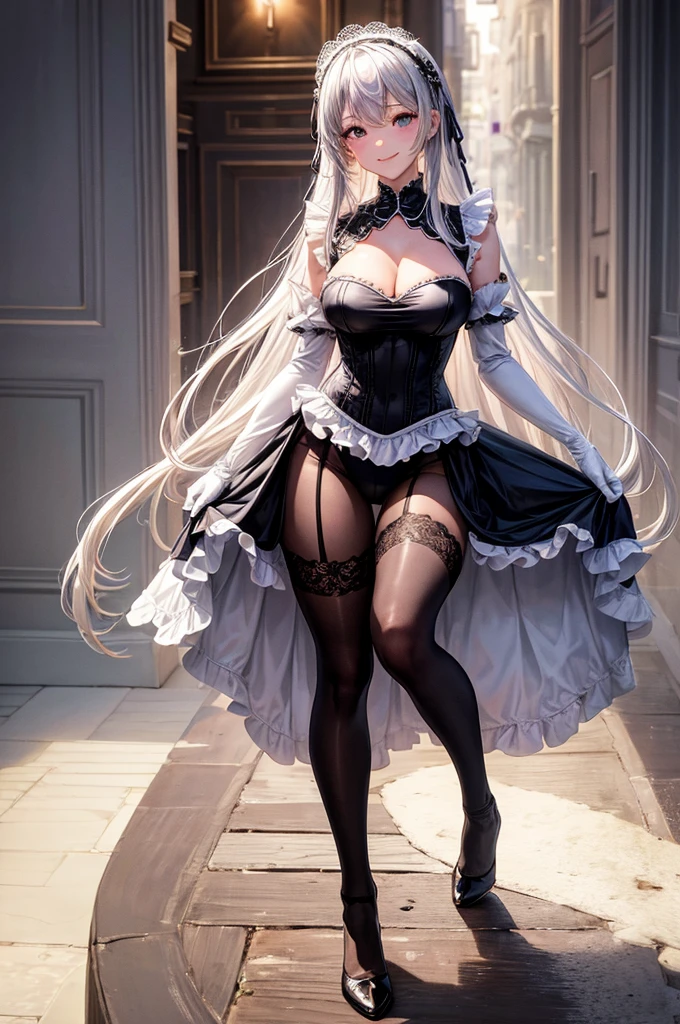 (high quality, 8k, 4K, High Contrast, masterpiece:1.2, 最high quality, Best aesthetics), , Maid, Very detailed, Seductive and erotic girl with lace headdress, smile, (Medium breast, Silver hair, short white gloves), Focus on the face, Focus on the face, Complex eyes, tights, laced tights, coffee shop, Ground angle shot, Viewers looking up, feet in tights, Open-chested clothing