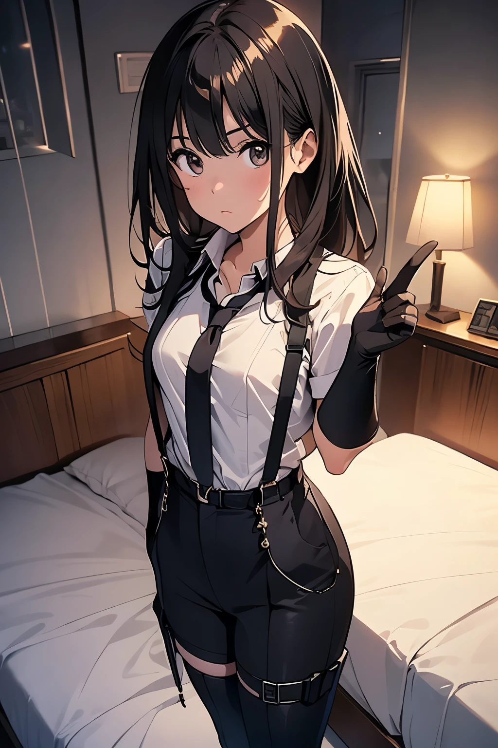 1 female, , high quality, masterpiece, Ultra-high resolution, , Cinema Lighting, , , And the suspenders with the cranes flying　　　Moderate breasts　 　 　　　　Small face　 　　　holster　　　　　　　 Lying in bed　Looking up　　　　Sweat 　　　belt　summer　脇Sweat 　Black Hole Gloves　suit　shirt　　Black jacket　 Black trousers　Leg Links　ズボンにbelt　　holster　 　　Hands behind your back　 Anxious expression　Looking up　Anxious face, legs apart　