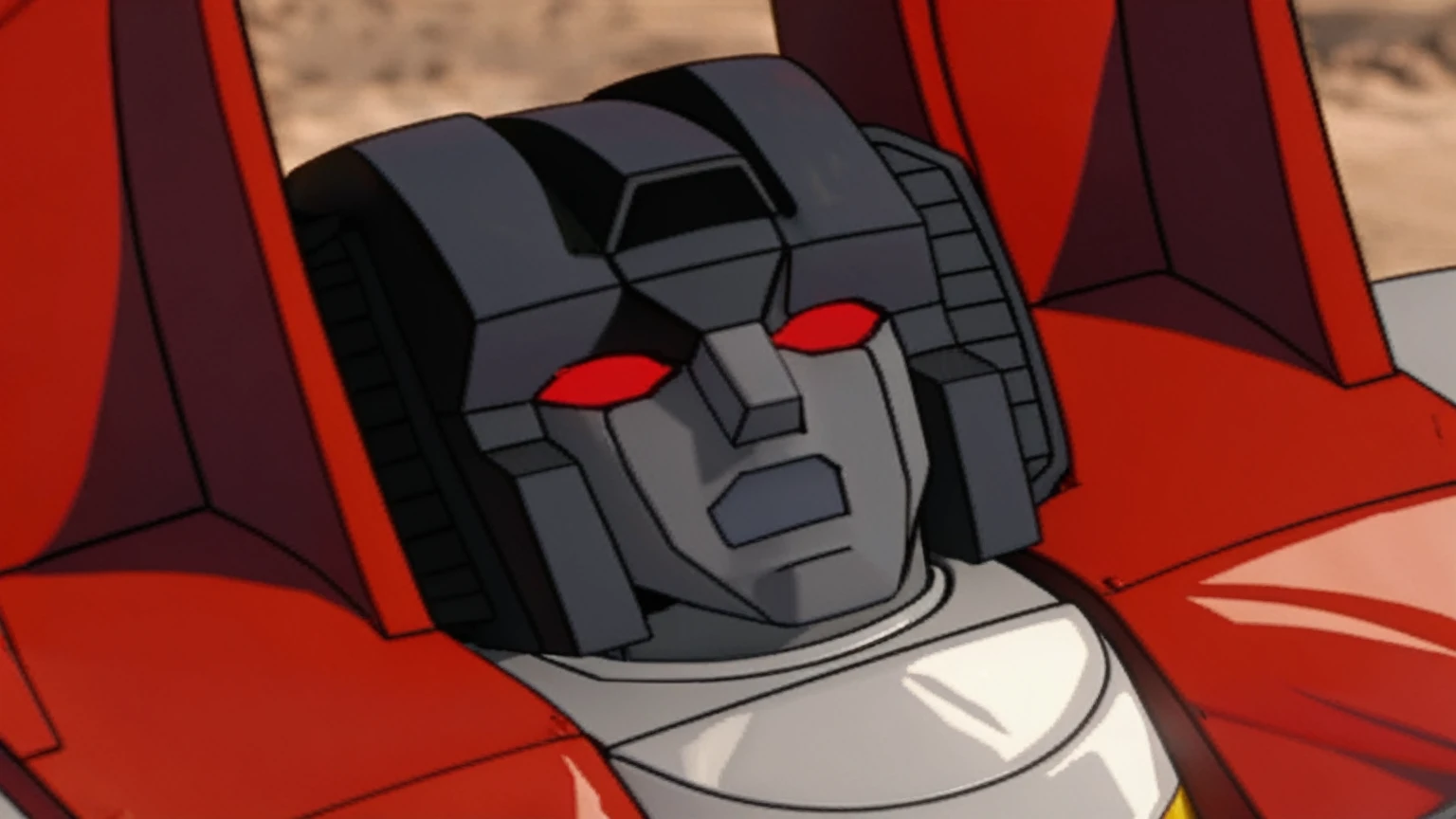 The background is blurred、8K、remaster、From G1 Transformers, Details of the masterpiece, RTX4090、starscream, Face close-up, Beautifully rendered、 Close-up view of the robot, 3d, CG, Surreal,