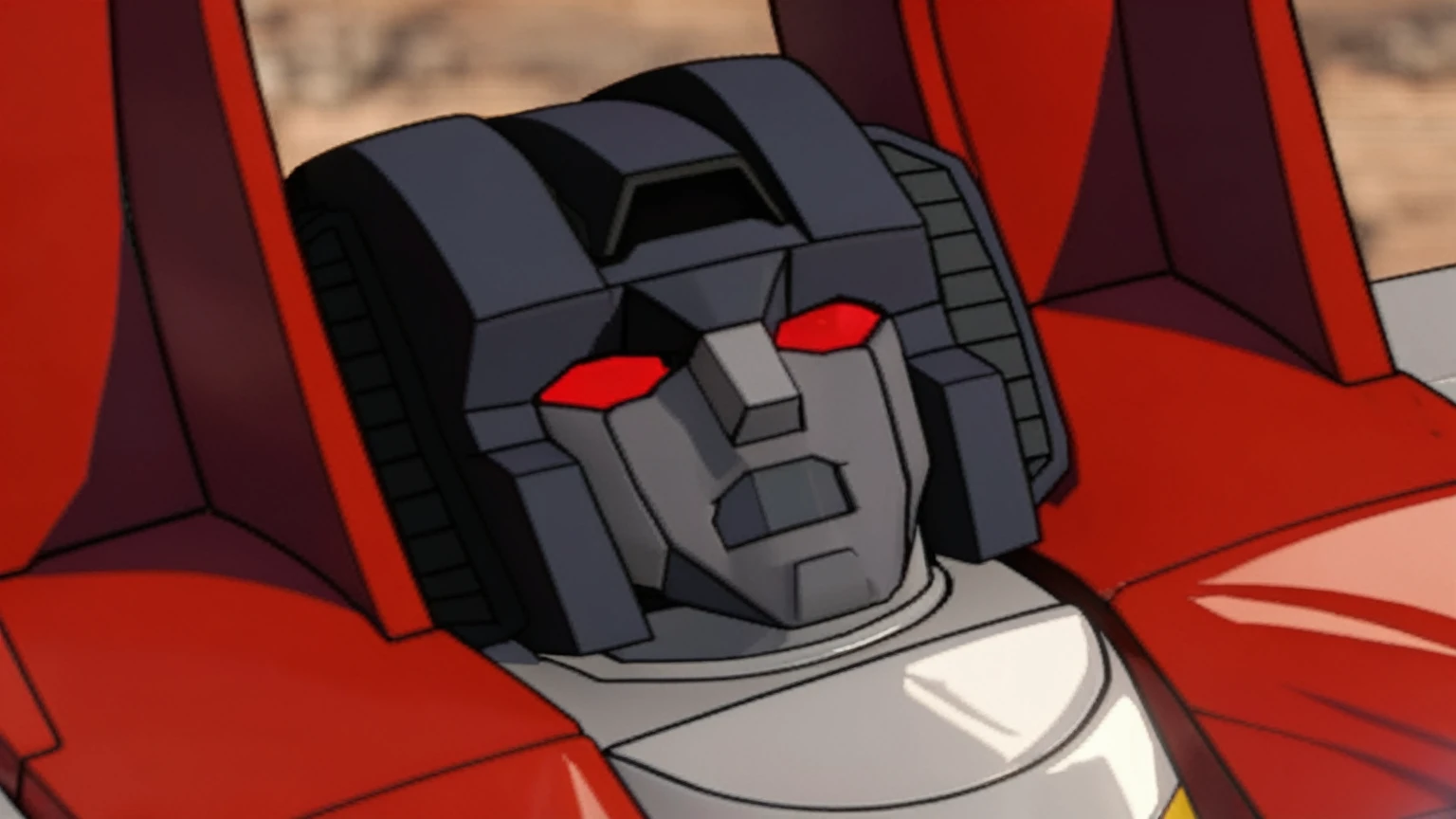 The background is blurred、8K、remaster、From G1 Transformers, Details of the masterpiece, RTX4090、starscream, Face close-up, Beautifully rendered、 Close-up view of the robot, 3d, CG,  Surreal,