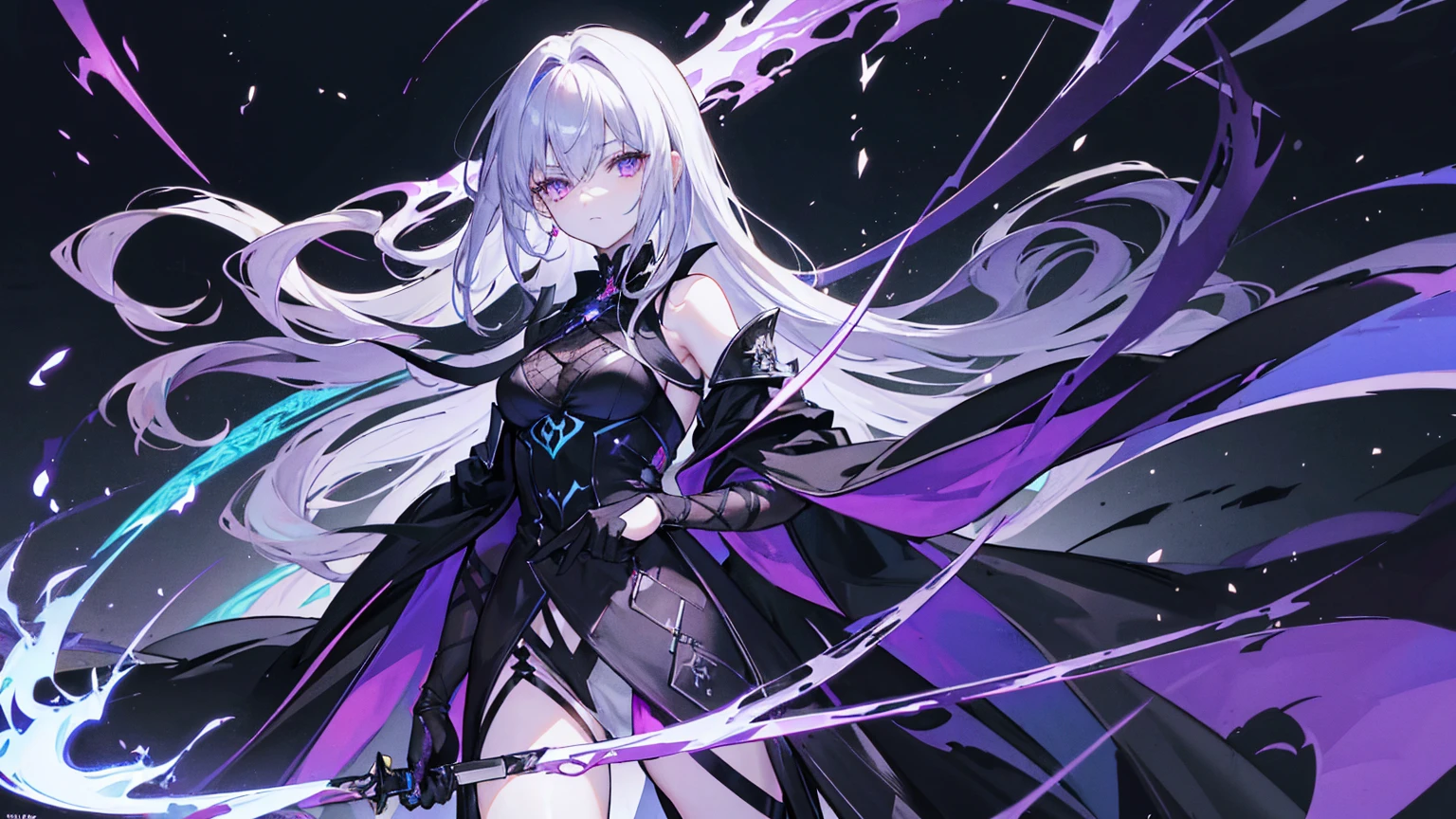 Physical characteristics: Hair: Long, shiny black, reaching to the middle of the back. I often let my hair spread out. Eyes: Deep purple, sparkling like stars on a dark night. Skin: Pale white but with a mysterious glow. Height: 170 centimeters Attire: Wears dark black robes decorated with ancient magic symbols. and wore black leather gloves weapon: Shadowblade: A long sword that glows with black light that can drain life from enemies and increase Miranda's power