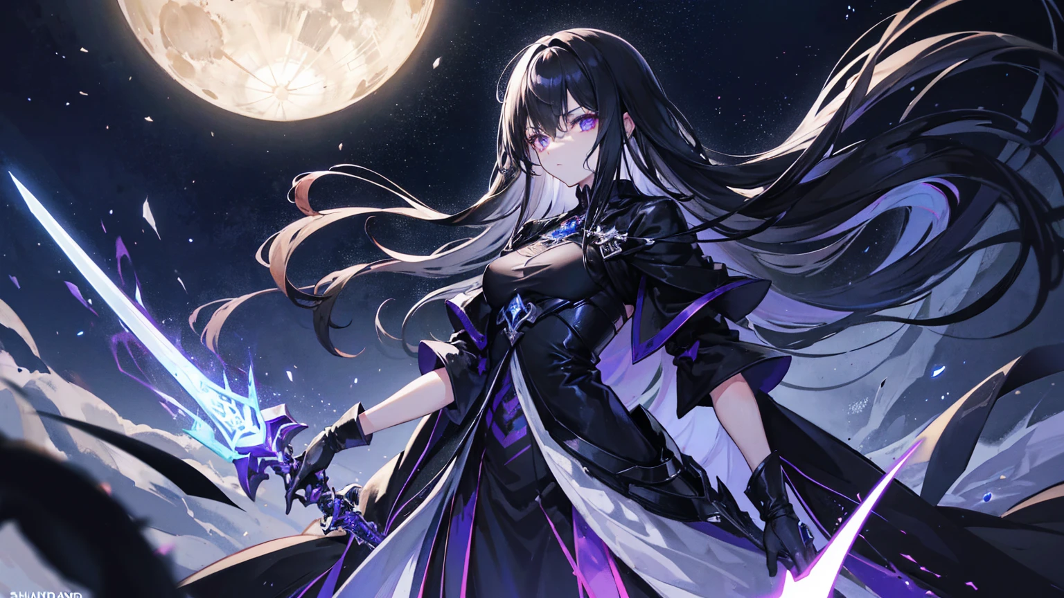 Physical characteristics: Hair: Long, shiny black, reaching to the middle of the back. I often let my hair spread out. Eyes: Deep purple, sparkling like stars on a dark night. Skin: Pale white but with a mysterious glow. Height: 170 centimeters Attire: Wears dark black robes decorated with ancient magic symbols. and wore black leather gloves weapon: Shadowblade: A long sword that glows with black light that can drain life from enemies and increase Miranda's power