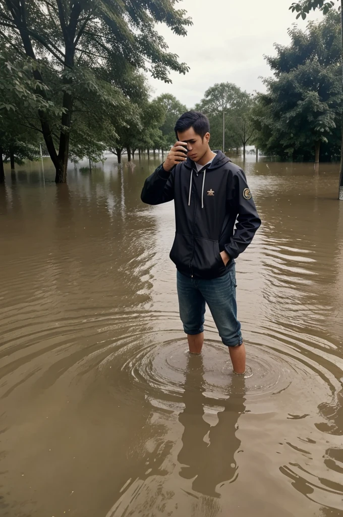 A person using a smartphone while standing in ankle-deep floodwater.
