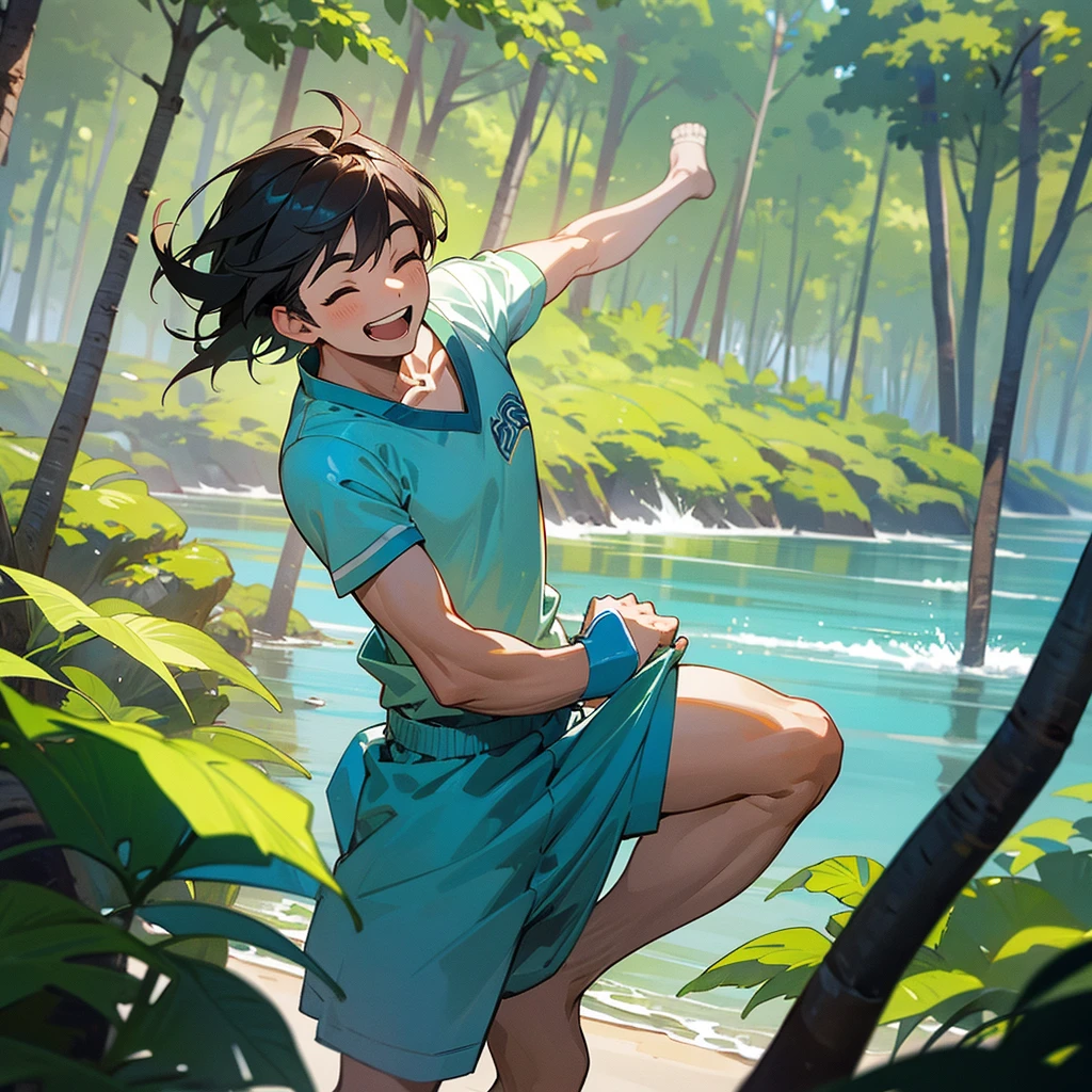  [High quality] [masterpiece] [mind blowing]  "A man playing sport and laughing and enjoying valuable memories woth friends near a forest or beach 