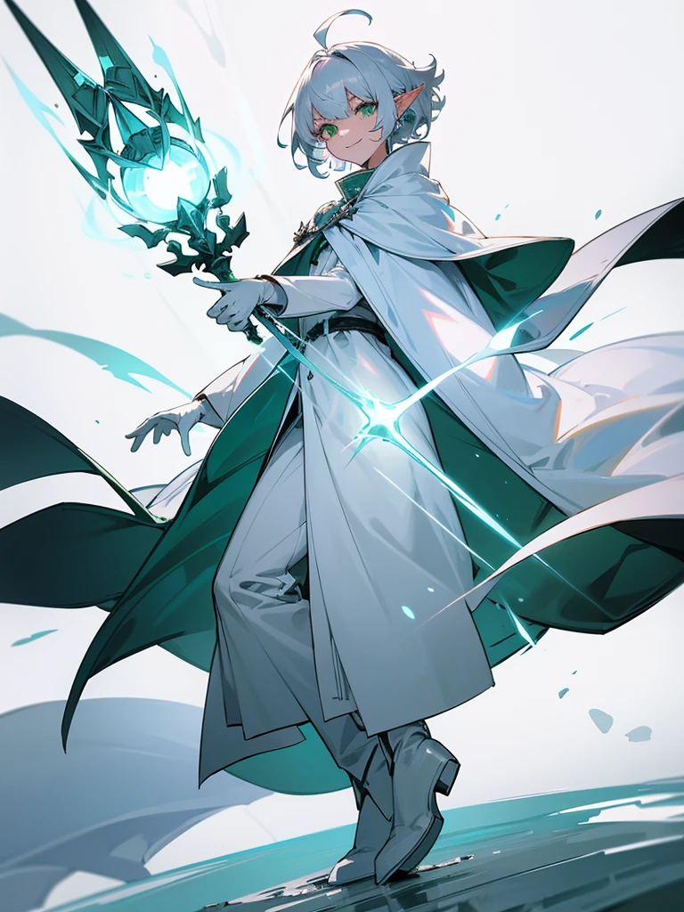 Elf, silver hair,short hair, medium cut, ahoge, curly hair,green eyes,slender, fair skin, cool Smile, robe, cloak, White gloves, long boots, pants, ice loads magic effect,