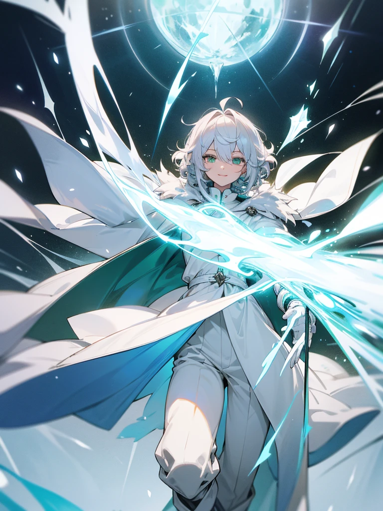 Elf, silver hair,short hair, medium cut, ahoge, curly hair,green eyes,slender, fair skin, cool Smile, robe, cloak, White gloves, long boots, pants, ice loads magic effect,