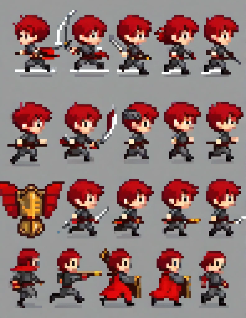 Create a sprite sheet for character animations that includes frames for movement, running, jumping, sword attack, spear attack, and bow attack. Mas o personagem é um menino de cabelo vermelho cor de pele branca e olhos vermelhos com uma pequena mochila nas costas