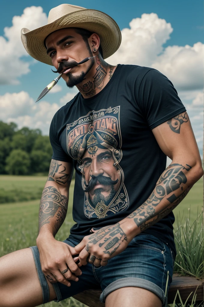 A tattooed man with a cowboy hat, T-Shirt, short pants, Goatee and mustache, mit Banjo, Blade of grass in the mouth, who sits on a cloud