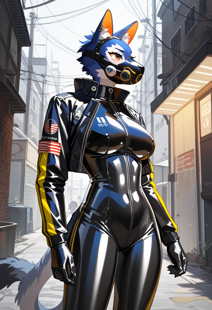 animation, Highest quality, Highest quality, High quality illustrations, masterpiece, Ultra-high resolution, Detailed Background, Alley, Absurd, Perfect Anatomy, performance, Good lighting, Shadows in the movies(kemono, Furry Personifi猫ion), Rubber suit, latex, neon, neonライト, neonカラー, Racing Suits, Cyber Suit, Leather Half Jacket, cyber punk, Rubber mask