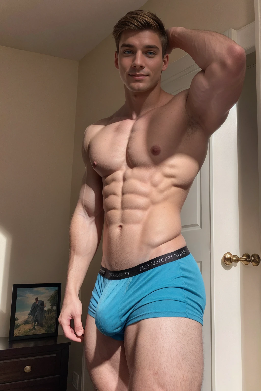 1boy, (Blue Eyes), happy smile,American boy,18 years old,young, thick body, slender, sport body build, child-like,White age boy,Close-up photo,full body photo ,(8K, RAW photo, Highest quality),((face and upper body focus:1.3)), (masculine:1.4), (romantic lighting:1.3), (sexy pose:1.2),（muscular：1.5），（Golden Feather hair color：1.5 ），（Skin Wrinkles：1.5），（full body portrait：1.5），（skin glow：0.5）, perfect angelical cute face, Golden Feather hair color, perfect straight short hair, big lips, browb eyes, tall, full color light blue color boxer underwear full color light blue, on bedroom, big smile, happy. shirtless.,pale skin, skinny, good lighting, very pale skin, light skin, model with attractive body,medium bulge and medium butts,(Best quality, 8k, Masterpiece). High Detail , superior quality, natural lighting, beautiful, sexy, correct anatomy, good composition,realistic shapes, realistic skin tones,Natural eyes,realistic eyes,looking up at viewer,vpl,realistic muscles,Realistic wrinkles on the skin,Realistic arms and legs,Realistic face,realistic hair,Make a sexy and seductive face, Clear Focus: 1.2, Perfect Body virile: 1.4 , Slender Abs: 1.2, Highly detailed face and skin texture, detailed eyes, double eyelids, big upper lip, man focus,amazing composition, front view, HDR, volumetric lighting, ultra quality, elegant,Post a erotic photoshoot,Realistic pose,detailed hair,full body,Fujifilm XT3 photorealistic art by midjourney