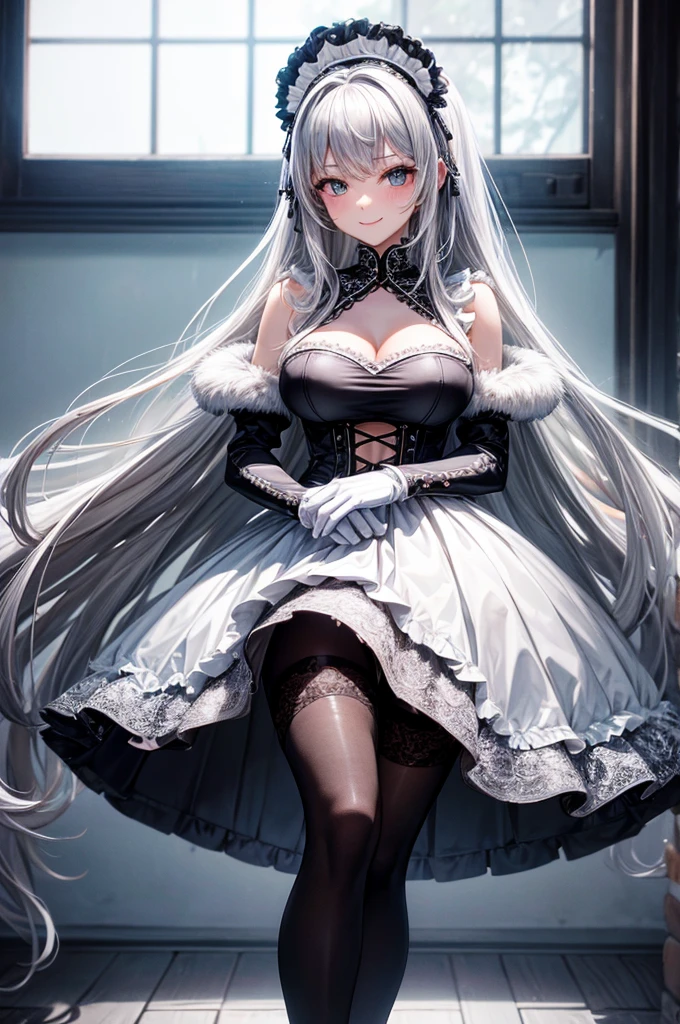 (high quality, 8k, 4K, High Contrast, masterpiece:1.2, 最high quality, Best aesthetics), , Maid, Very detailed, Seductive and erotic girl with lace headdress, smile, (Medium breast, Silver fur, short white gloves), Focus on the face, Focus on the face, Complex eyes, tights, laced tights, coffee shop, Ground angle shot, Viewers looking up, feet in tights, Open-chested clothing