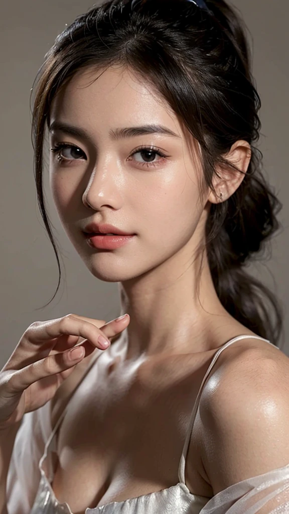 Cosmetics commercial styleCommercial filming studio,Lipstick in hand,Lipstick is being applied,close up face,fully body photo,masutepiece, The highest image quality, High quality, the background is clear,Beautiful woman, Japanese, Detailed, Ultra-detailed, finely detail, hight resolution, 8K Wallpaper, Perfect dynamic composition, Beautiful detailed eyes ,Detailed eyes, Detailed skin, Beautiful skin, 超hight resolution, (reality: 1.4),Very beautiful woman, Slightly younger face, Beautiful skin, slender, (Ultra photo realsisim), (hight resolution), (8K), (Very detailed) (beautifully detailed eyes), (super detailed), (Detailed face), view the viewer, Fine details, Detailed face, Staring straight ahead, Staring straight ahead, photos realistic, Bright lighting, Professional Lighting, Black hair,poneyTail,a baby face,sixteen years old,Hairstyle: ponytail,Long ponytail hairstyle,slight smile,