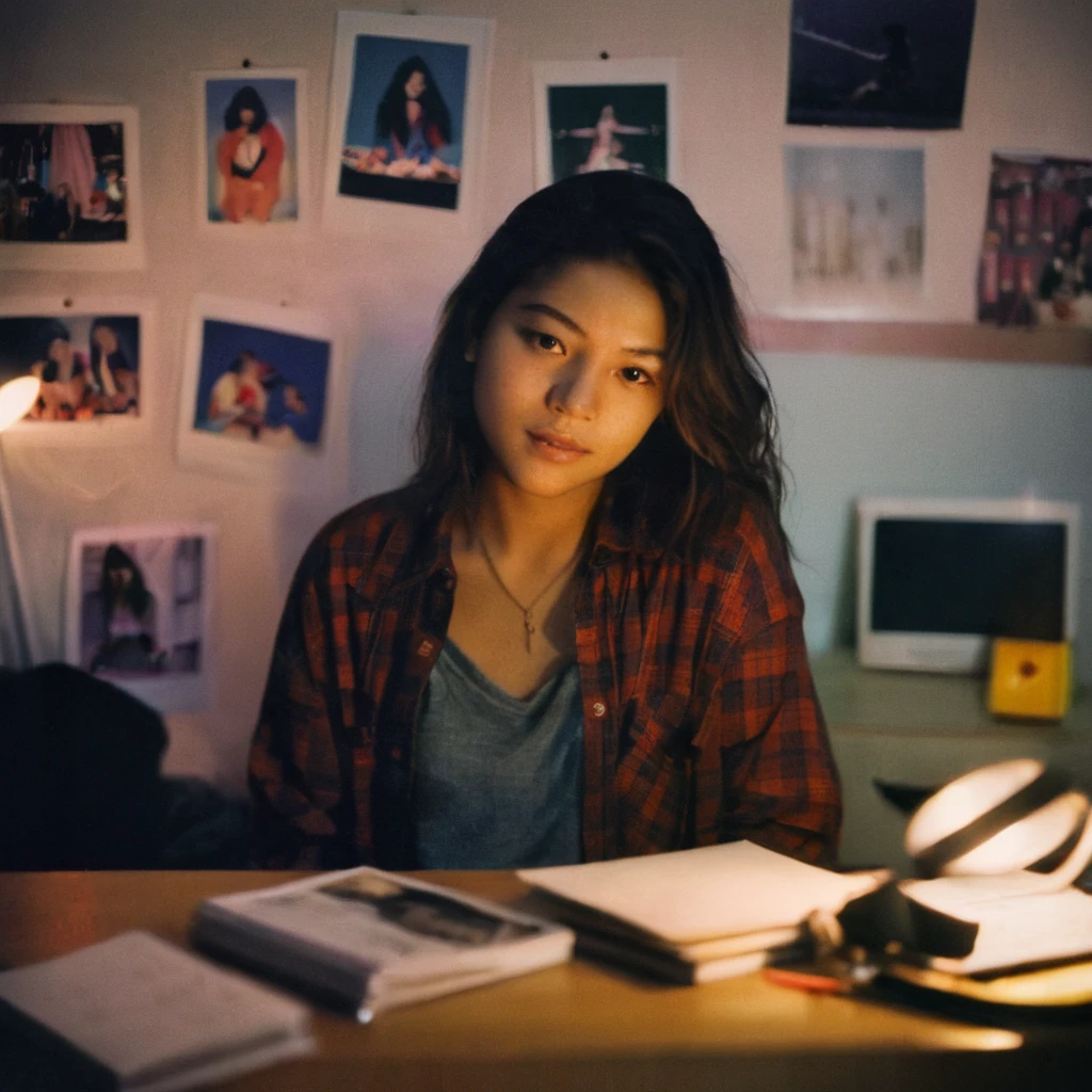nkplr0, polaroid, 2000s, a college girl in her dorm room, dslr, soft lighting, high quality, film grain, Fujifilm XT3,
