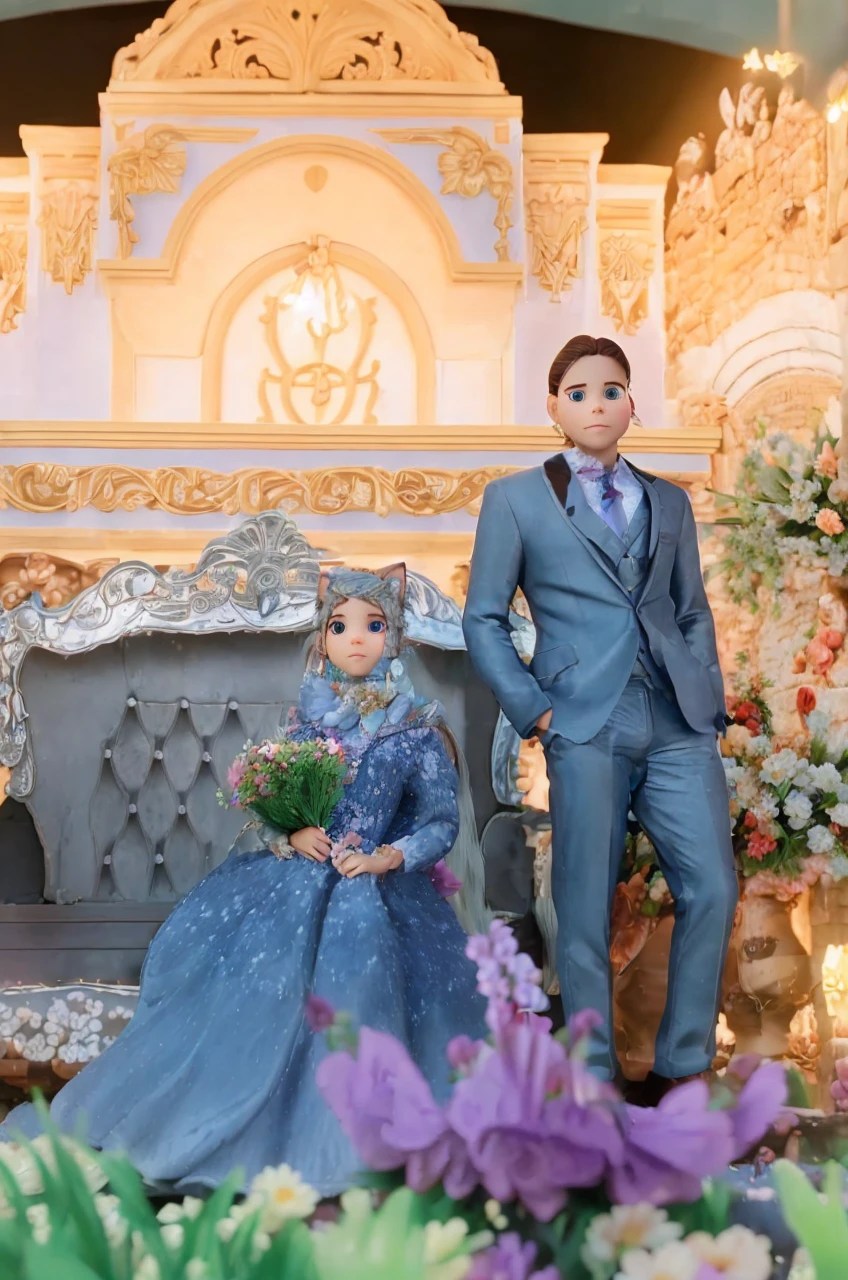 1girl, naked, animal ears, purple eyes, brown hair, wings, solo, long hair, blush, cat ears, flowers, looking at viewer, braids, bows, dresses, pink flowers, bows, hair accessories, bangs, cats, hair flower, animal ear hair, holding, virtual youtuber, blue bow, holding animal, catwoman, stuffed toy