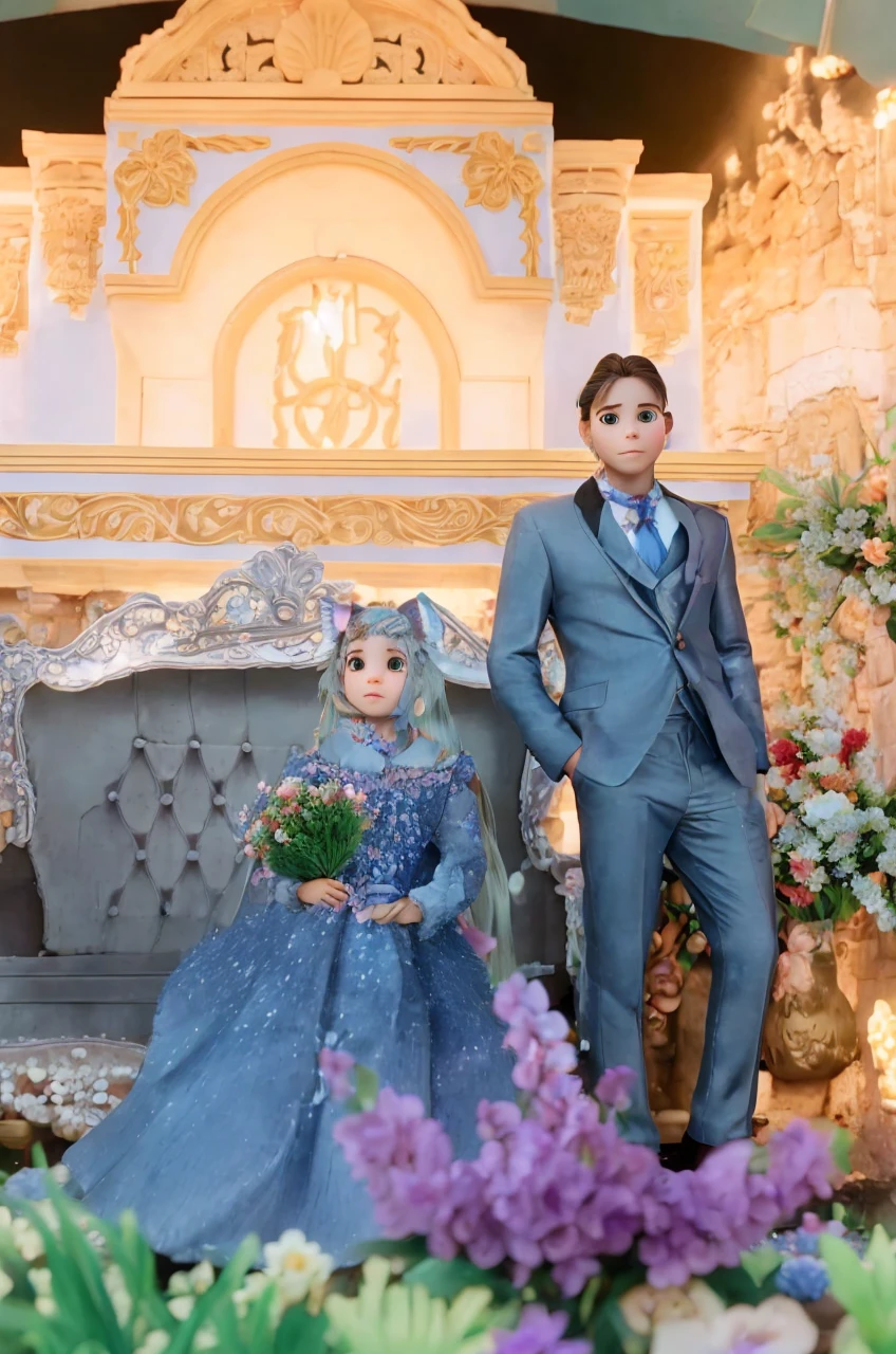 1girl, naked, animal ears, purple eyes, brown hair, wings, solo, long hair, blush, cat ears, flowers, looking at viewer, braids, bows, dresses, pink flowers, bows, hair accessories, bangs, cats, hair flower, animal ear hair, holding, virtual youtuber, blue bow, holding animal, catwoman, stuffed toy