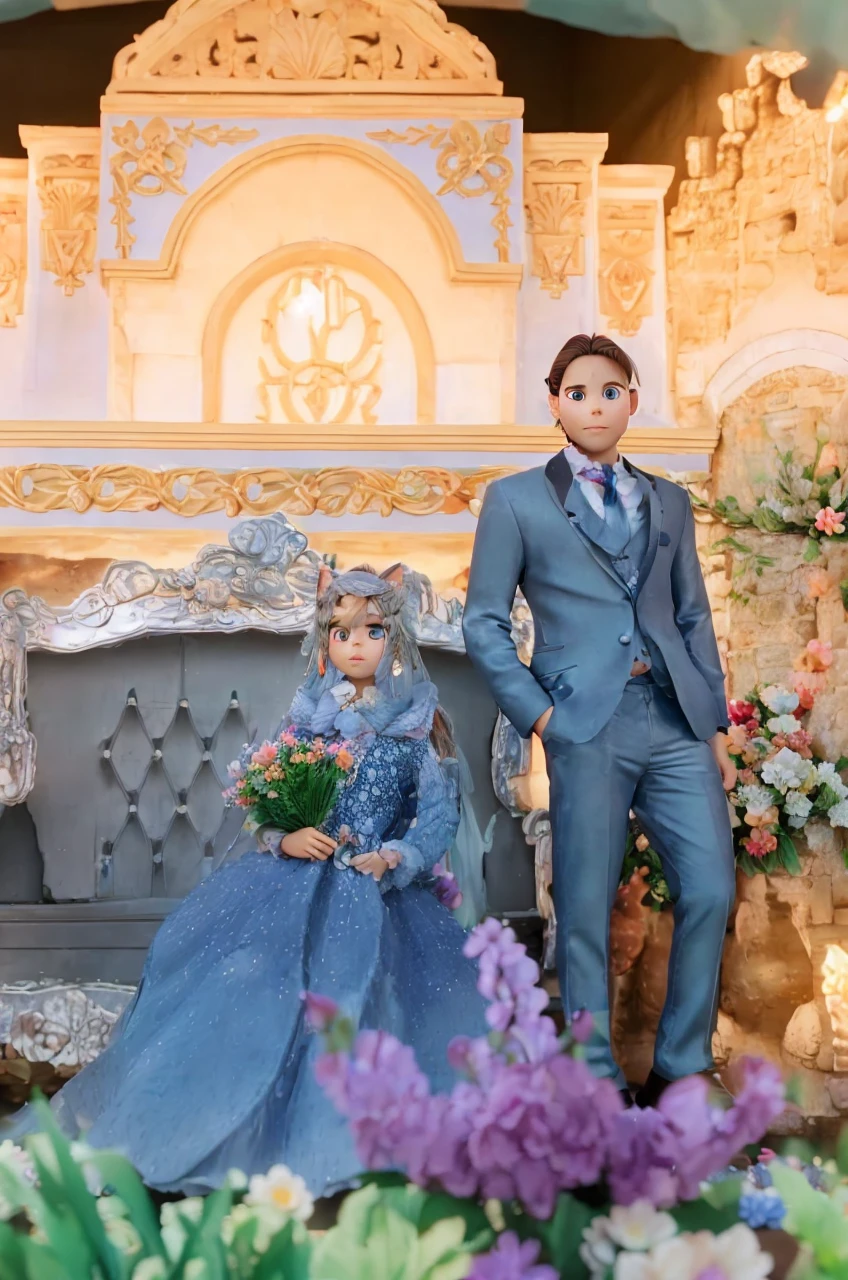 1girl, naked, animal ears, purple eyes, brown hair, wings, solo, long hair, blush, cat ears, flowers, looking at viewer, braids, bows, dresses, pink flowers, bows, hair accessories, bangs, cats, hair flower, animal ear hair, holding, virtual youtuber, blue bow, holding animal, catwoman, stuffed toy