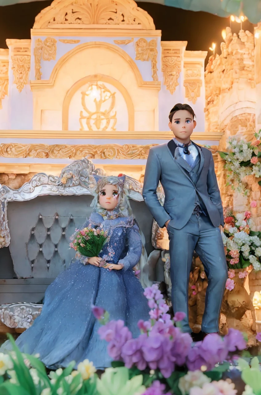 1girl, naked, animal ears, purple eyes, brown hair, wings, solo, long hair, blush, cat ears, flowers, looking at viewer, braids, bows, dresses, pink flowers, bows, hair accessories, bangs, cats, hair flower, animal ear hair, holding, virtual youtuber, blue bow, holding animal, catwoman, stuffed toy