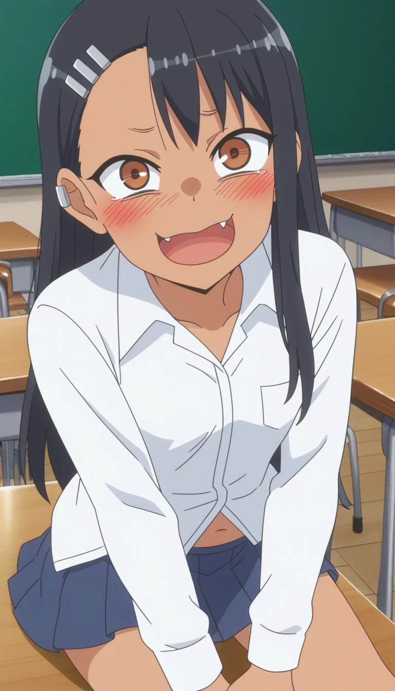 score_9, score_8_up, score_7_up, source_anime, anime screencap, anime coloring, hayasenagatoro, hayase nagatoro, ((very drunk)), ((staggers)), ((agitated)), ((provocative)), ((small breast)), ((huge belly)), ((ate too much)), ((touch her stomach)), ((a pain)), long hair, bangs, black hair, hair ornament, brown eyes, hairclip, fang, dark skin, dark-skinned female, tan, skirt, ((shirt)), ((white shirt)), pleated skirt, nail polish, blue skirt, red nails, earclip, indoors, classroom, ((sitting on a chair)), ((sitting on a chair)), ((full of empty plates on the table)), bent over, looking at viewer, solo,
