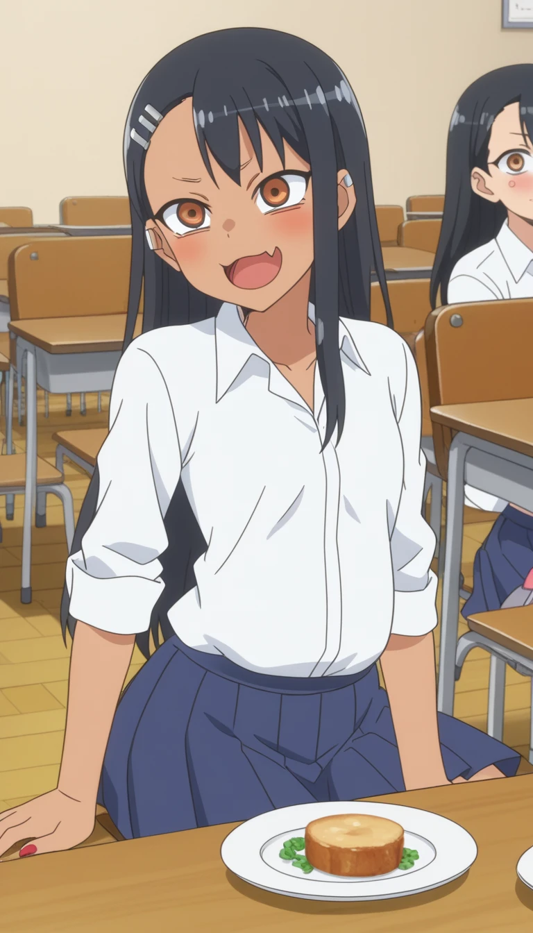 score_9, score_8_up, score_7_up, source_anime, anime screencap, anime coloring, hayasenagatoro, hayase nagatoro, ((very drunk)), ((staggers)), ((agitated)), ((provocative)), ((small breast)), ((huge belly)), ((ate too much)), ((touch her stomach)), ((a pain)), long hair, bangs, black hair, hair ornament, brown eyes, hairclip, fang, dark skin, dark-skinned female, tan, skirt, ((shirt)), ((white shirt)), pleated skirt, nail polish, blue skirt, red nails, earclip, indoors, classroom, ((sitting on a chair)), ((sitting on a chair)), ((full of empty plates on the table)), bent over, looking at viewer, solo,