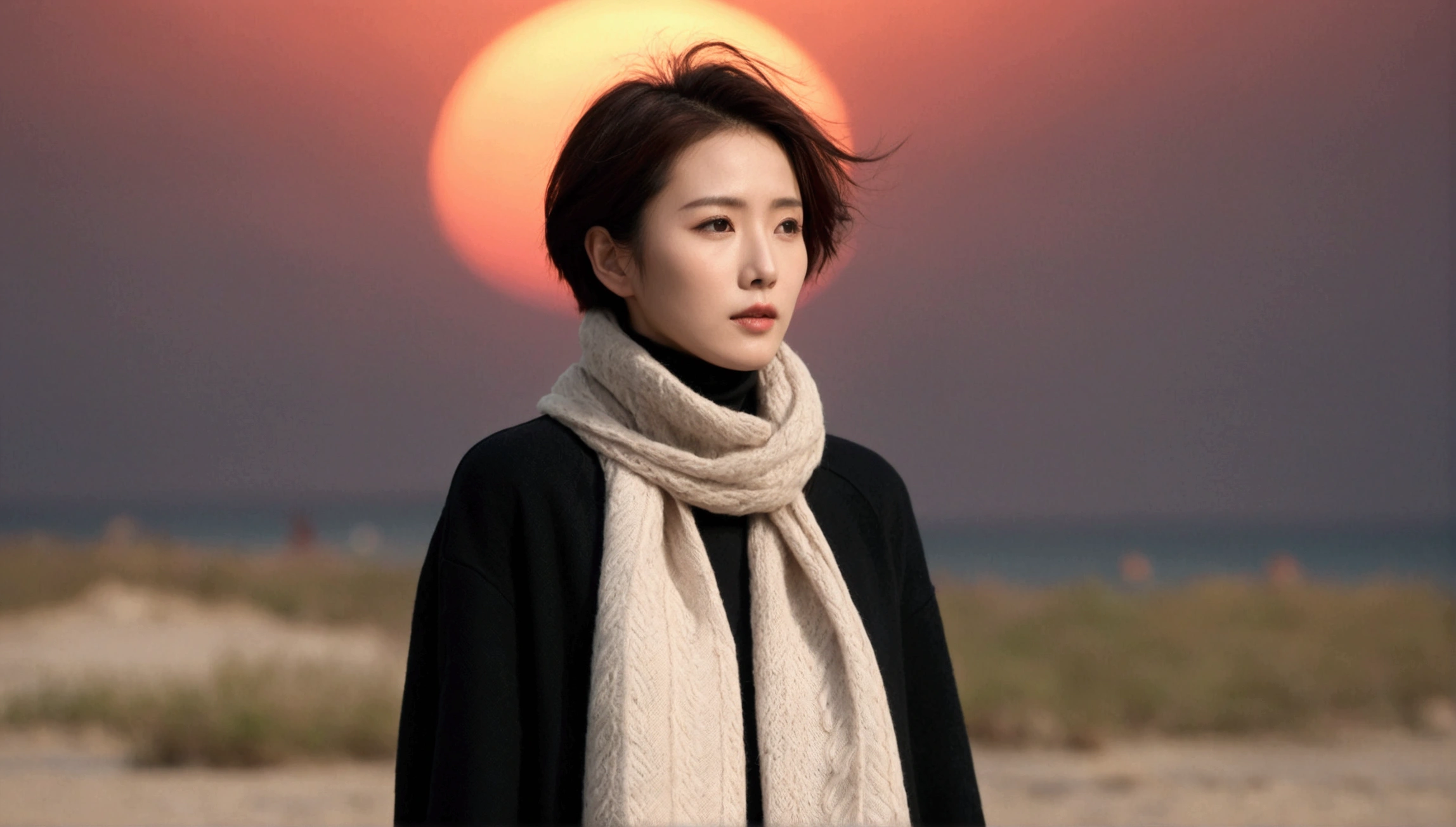 8K, 超high resolution, best quality, masterpiece, 1 woman, (36 years old:1.3), Korean woman,(wearing a long winter coat and scarf、turtleneck, Thin black double sided updo :1.5)、(The woman turned around with a very sad expression., 겨울 해변에서 바람에 휘날리는 short medium hair, her hair blowing in the wind:1.5)、(blurred background:1.5)、(red sky at sunset:1.5)、(complete ???????:1.5) (full finger:1.3)、realistic、Life drawing、high resolution、beautiful details、((thin legs))、red light of sunset, light and shadow, short medium hair,1 female camera 16-35 wide angle lens, Full body shot walking on the beach, black skirt, hair that touches the shoulders, standing on the beach