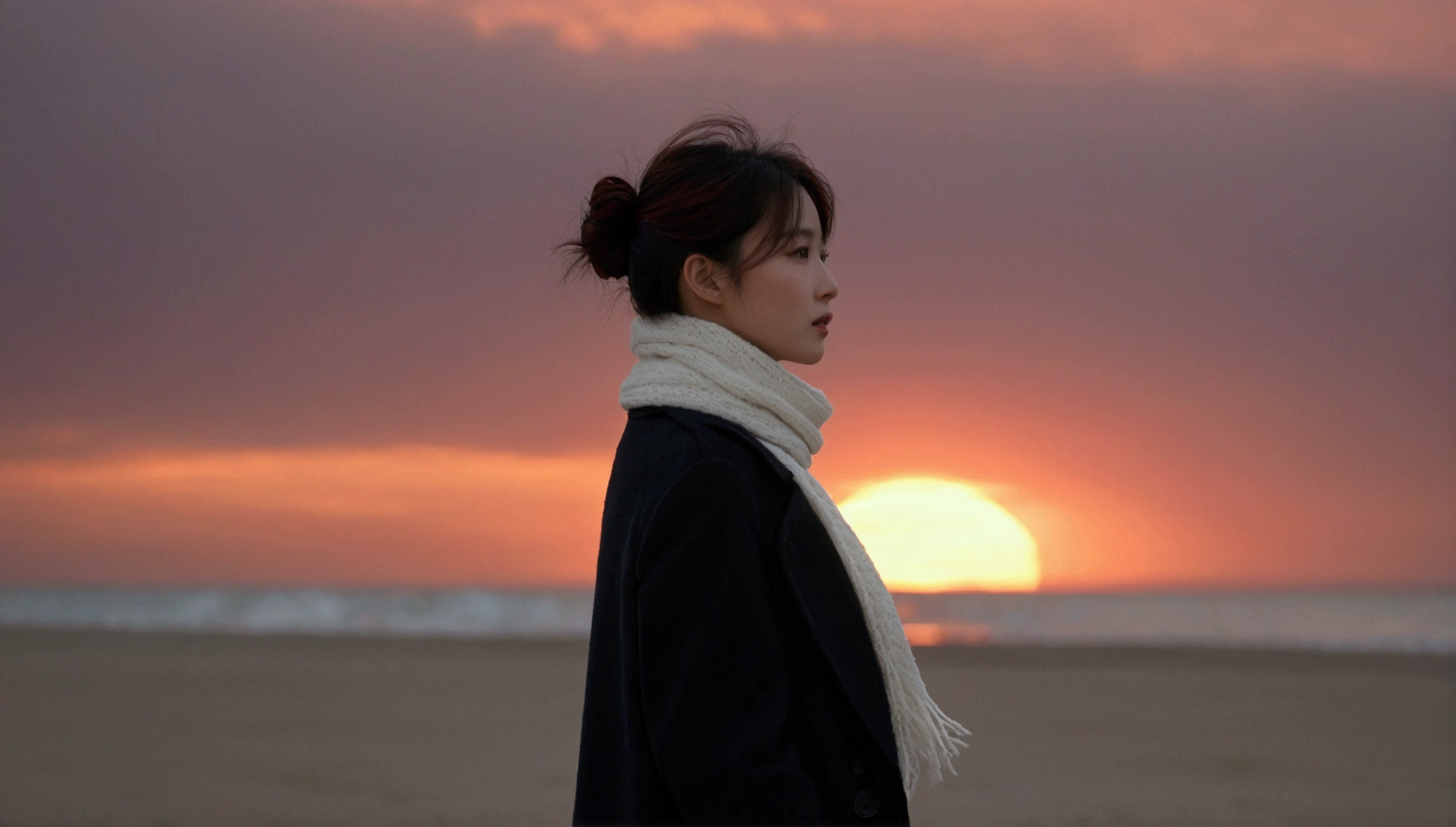 8K, 超high resolution, best quality, masterpiece, 1 woman, (36 years old:1.3), Korean woman,(wearing a long winter coat and scarf、turtleneck, Thin black double sided updo :1.5)、(The woman turned around with a very sad expression., 겨울 해변에서 바람에 휘날리는 short medium hair, her hair blowing in the wind:1.5)、(blurred background:1.5)、(red sky at sunset:1.5)、(complete anatomy:1.5) (full finger:1.3)、realistic、Life drawing、high resolution、beautiful details、((thin legs))、red light of sunset, light and shadow, short medium hair,1 female camera 16-35 wide angle lens, Full body shot walking on the beach, black skirt, hair that touches the shoulders, standing on the beach