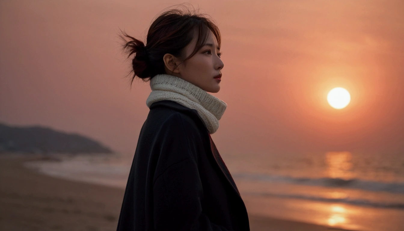 8K, 超high resolution, best quality, masterpiece, 1 woman, (36 years old:1.3), Korean woman,(wearing a long winter coat and scarf、turtleneck, Thin black double sided updo :1.5)、(The woman turned around with a very sad expression., 겨울 해변에서 바람에 휘날리는 short medium hair, her hair blowing in the wind:1.5)、(blurred background:1.5)、(red sky at sunset:1.5)、(complete anatomy:1.5) (full finger:1.3)、realistic、Life drawing、high resolution、beautiful details、((thin legs))、red light of sunset, light and shadow, short medium hair,1 female camera 16-35 wide angle lens, Full body shot walking on the beach, black skirt, hair that touches the shoulders, standing on the beach