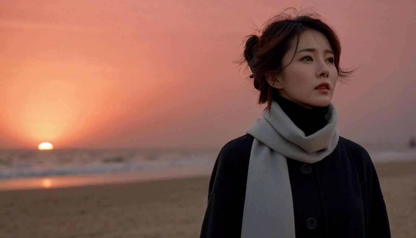 8K, 超high resolution, best quality, masterpiece, 1 woman, (36 years old:1.3), Korean woman,(wearing a long winter coat and scarf、turtleneck, Thin black double sided updo :1.5)、(The woman turned around with a very sad expression., 겨울 해변에서 바람에 휘날리는 short medium hair, her hair blowing in the wind:1.5)、(blurred background:1.5)、(red sky at sunset:1.5)、(complete anatomy:1.5) (full finger:1.3)、realistic、Life drawing、high resolution、beautiful details、((thin legs))、red light of sunset, light and shadow, short medium hair,1 female camera 16-35 wide angle lens, Full body shot walking on the beach, black skirt, hair that touches the shoulders, standing on the beach