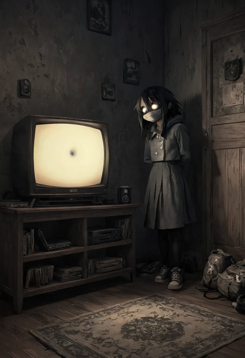 "A room at night, completely darkened, where only the light from the TV creates ominous shadows. The grainy sepia rendering gives the picture a retro atmosphere. The creepypasta is a scary entity in the form of a girl with huge eyes and a scary smile, reminiscent of the style of Elson Peter and Diego Dyer. Focus in one full-length shot, 32K Hyper HD, ultra-detailed, a masterpiece. A lonely female essence, imbued with a cypherpunk aesthetic, evokes a feeling of anxiety and inevitability." 32K Hyper HD, masterpiece, best quality, ultra-detailed, creepy environment, creepypasta, atmospheric horror, Elson Peter style, Diego Dyer, cypherpunk aesthetics.