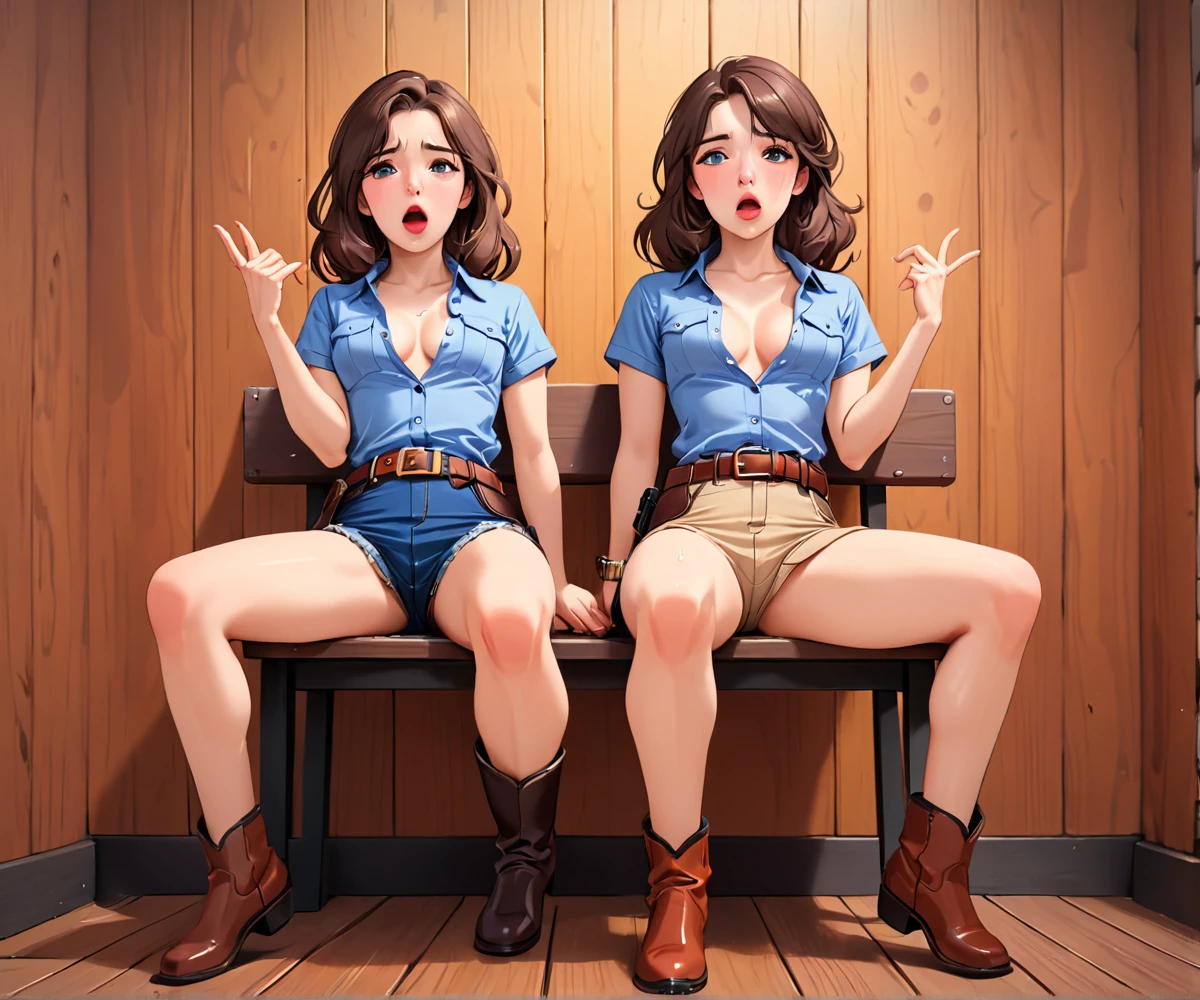 (((1 person:2.0))),(((NSFW:2.0)),(((Nude:2.0))),(((Naked Female Gunfighter:1.6))),(((Wear a gun belt:1.8))),(((Insert the pistol into the holster:1.8))),((Wearing the watch:1.5))),(((Showing cleavage))),(((Exposed thin inner thighs))),(((Small breasts:1.5))),(((Bare arms))),(((Put on your boots:1.5))),((Blushed:1.8)), Beautiful detailed girl, Very detailed目と顔, 緻密でBeautiful Eyes, Very detailed, High resolution, Highest quality, masterpiece, Very detailed, 8k wallpaper, wonderful, finely, Highest quality,(Standing in front of a wooden wall),Beautiful Eyes,((Engage your audience:1.5)),((Cowboy Shot:1.5))),((Front shot:1.5)),((Place your right hand on your chest:1.5)),((Drinking whiskey:1.4)),(((Drunk,Cry:1.8))),(((Sit with your legs apart:1.5))),(((Hiccups don't stop:1.5)))