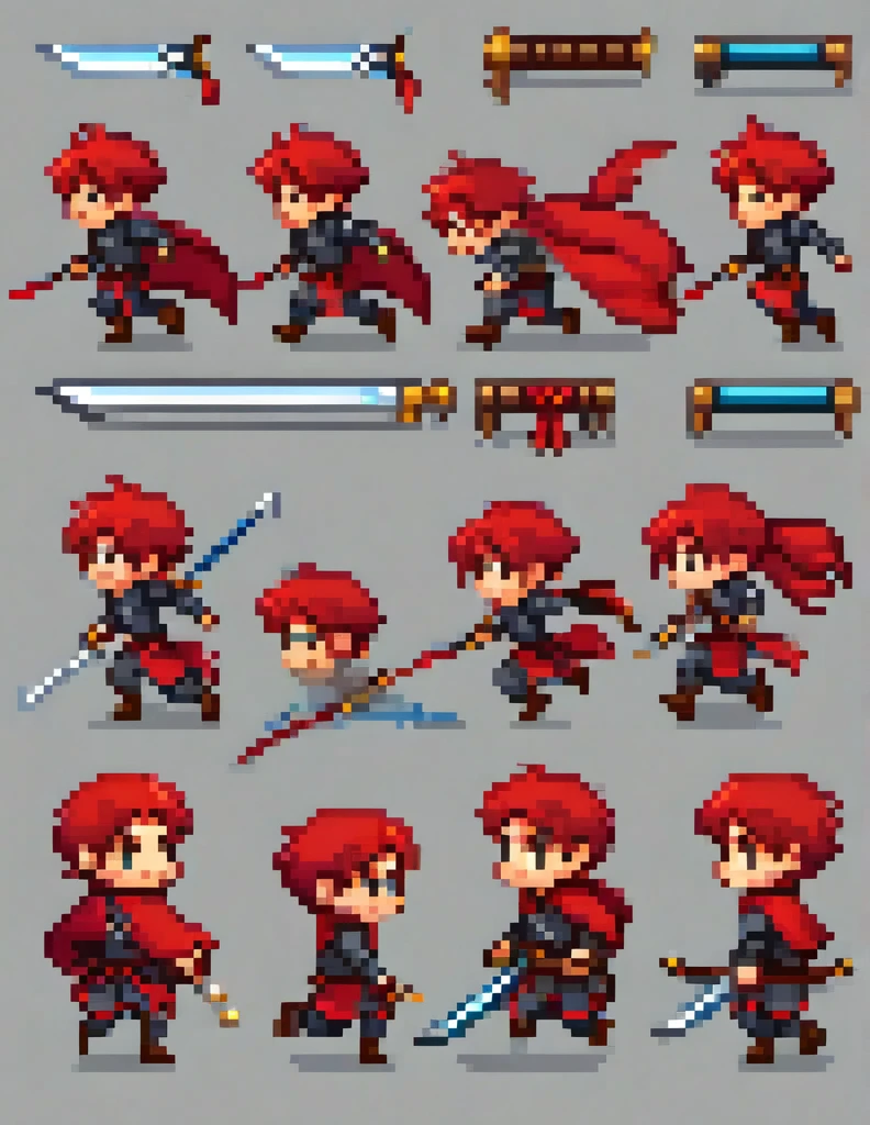 Create a sprite sheet for character animations that includes frames for movement, running, jumping, sword attack, spear attack, and bow attack. Mas o personagem é um ****** de cabelo vermelho cor de pele branca e olhos vermelhos com uma pequena mochila nas costas