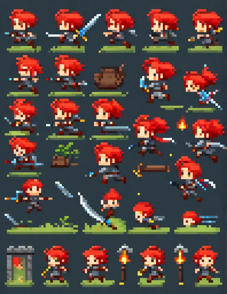 Create a sprite sheet for character animations that includes frames for movement, running, jumping, sword attack, spear attack, and bow attack. Mas o personagem é um menino de cabelo vermelho cor de pele branca e olhos vermelhos com uma pequena mochila nas costas