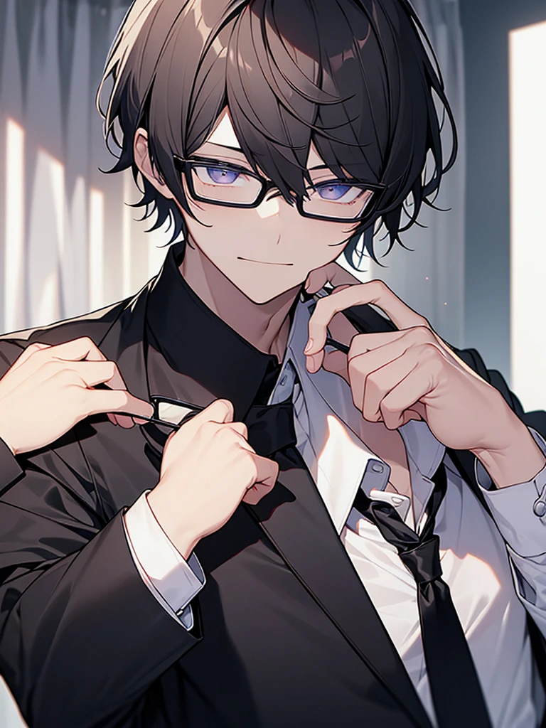 Portrait Shot、I have one photo:1.3、Villain、night、Apartment room、He has a bad appearance、Dark circles under the eyes:1.3. Black-rimmed glasses、Lean and muscular、Short-cropped blonde hair、White collared shirt、Black suit