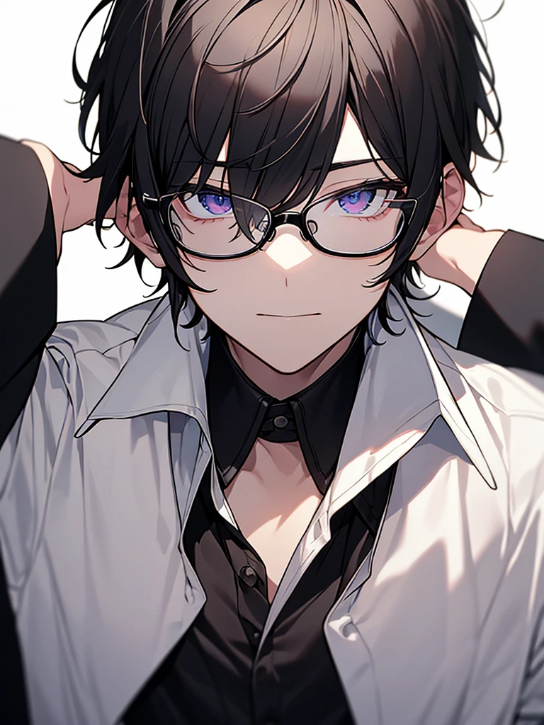 Portrait Shot、I have one photo:1.3、Villain、night、Apartment room、He has a bad appearance、Dark circles under the eyes:1.3. Black-rimmed glasses、Lean and muscular、Short-cropped blonde hair、White collared shirt、Black suit