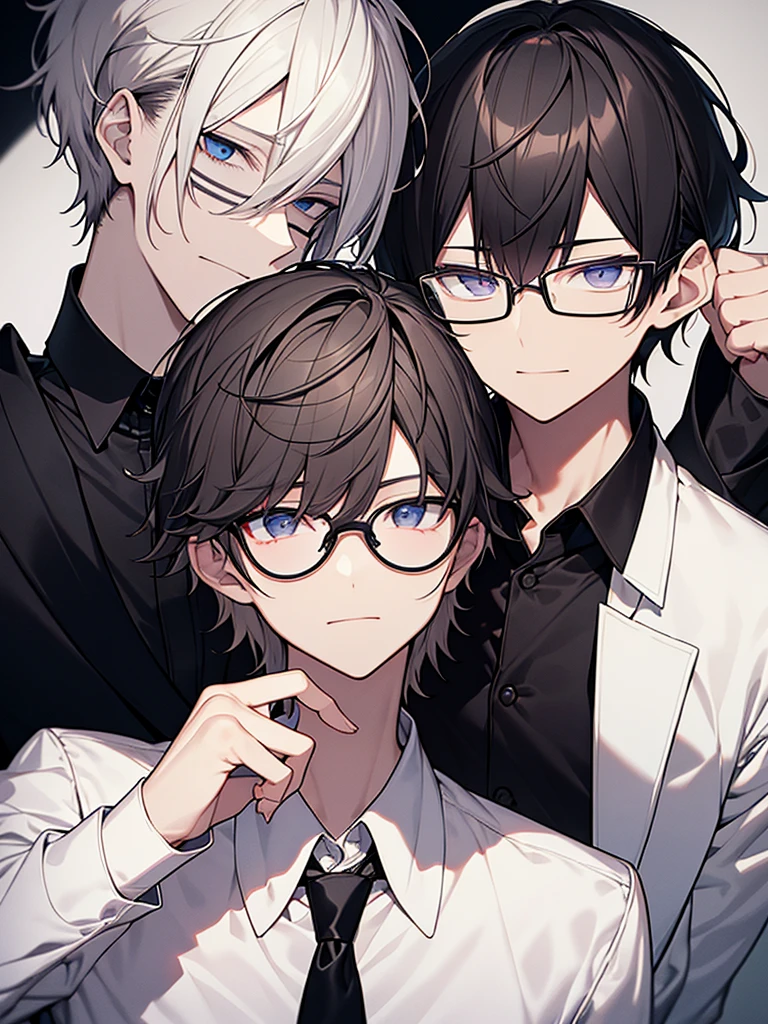 Portrait Shot、I have one photo:1.3、Villain、night、Apartment room、He has a bad appearance、Dark circles under the eyes:1.3. Black-rimmed glasses、Lean and muscular、Short-cropped blonde hair、White collared shirt、Black suit