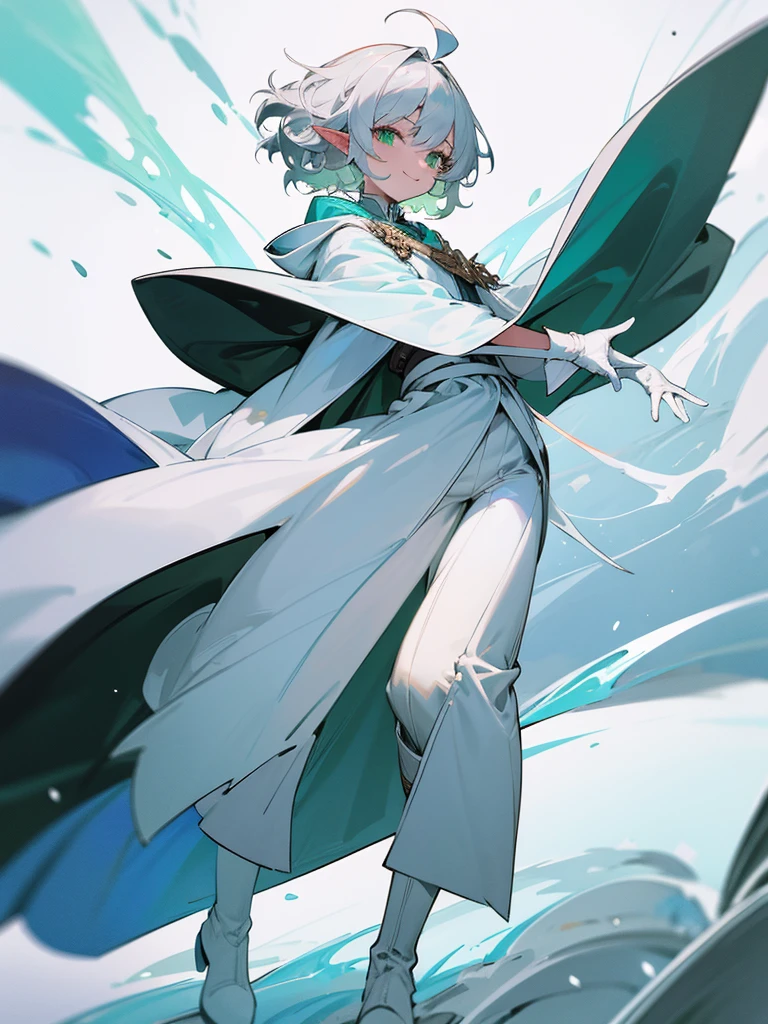Elf, silver hair,short hair, medium cut, ahoge, curly hair,green eyes,slender, fair skin, cool Smile, robe, cloak, White gloves, long boots, pants, ice loads magic effect,