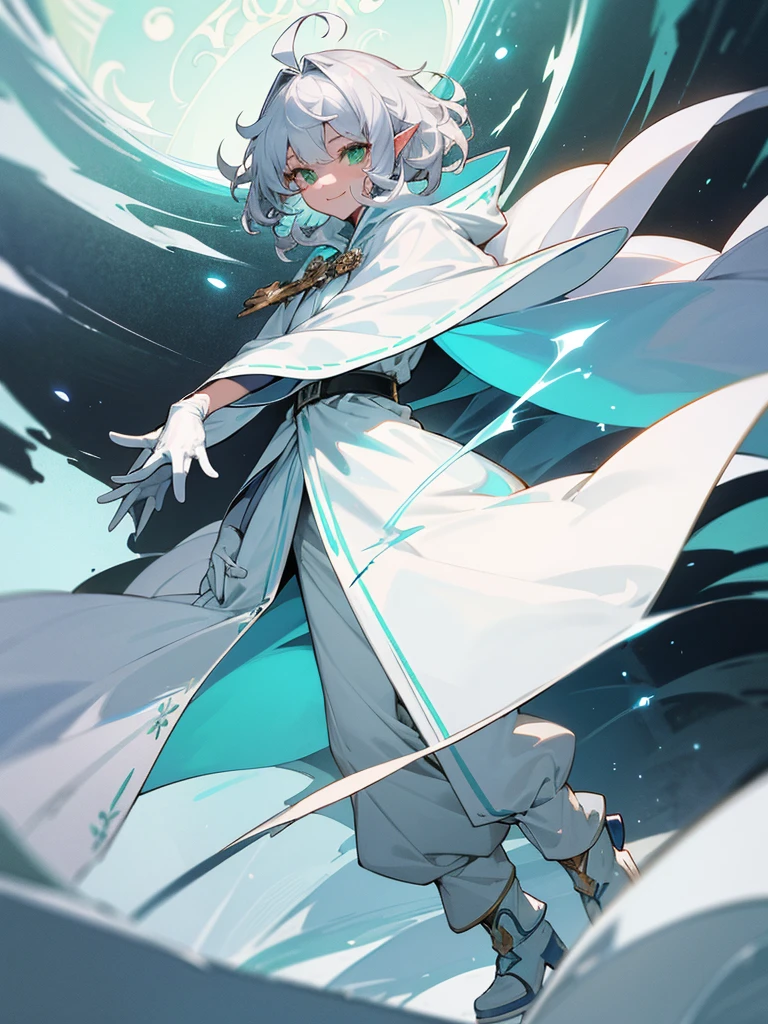 Elf, silver hair,short hair, medium cut, ahoge, curly hair,green eyes,slender, fair skin, cool Smile, robe, cloak, White gloves, long boots, pants, ice loads magic effect,