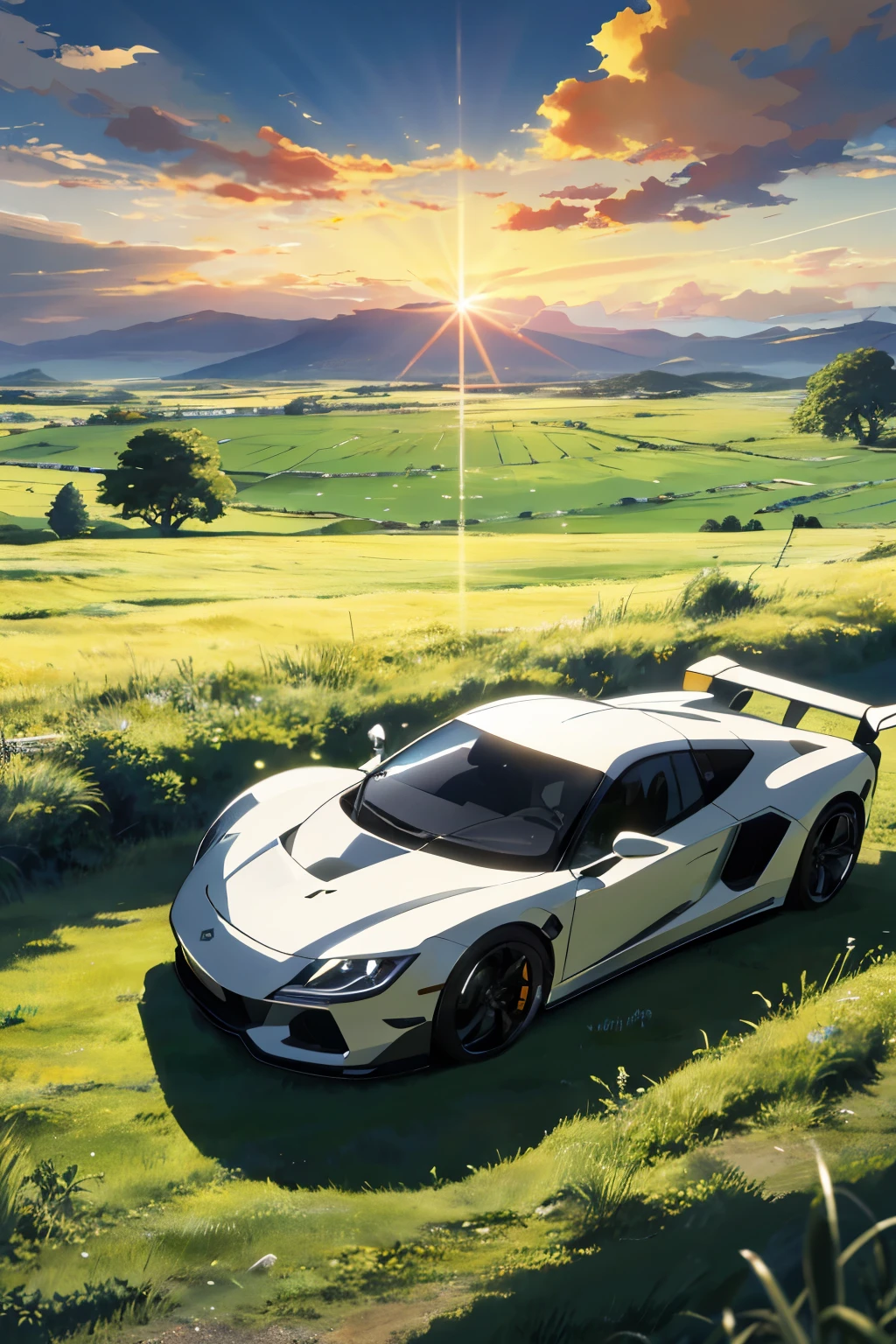 This is a breathtaking anime scene, showcasing a pearl-super Polar white color hyper car prototype, surrounded by a field of tall, swaying grass. As the sun dips below the horizon, it paints the sky with hues of orange and pink, casting a warm glow on the car and the surrounding landscape. The car's sleek design and the serene atmosphere of the setting make this an ideal beautiful anime peace scene. With its high resolution of 8K, this artwork would make a stunning, high-definition wallpaper, perfect for enhancing any desktop background. The artistic details in the scene, from the car's intricate design to the textured blades of grass, make it