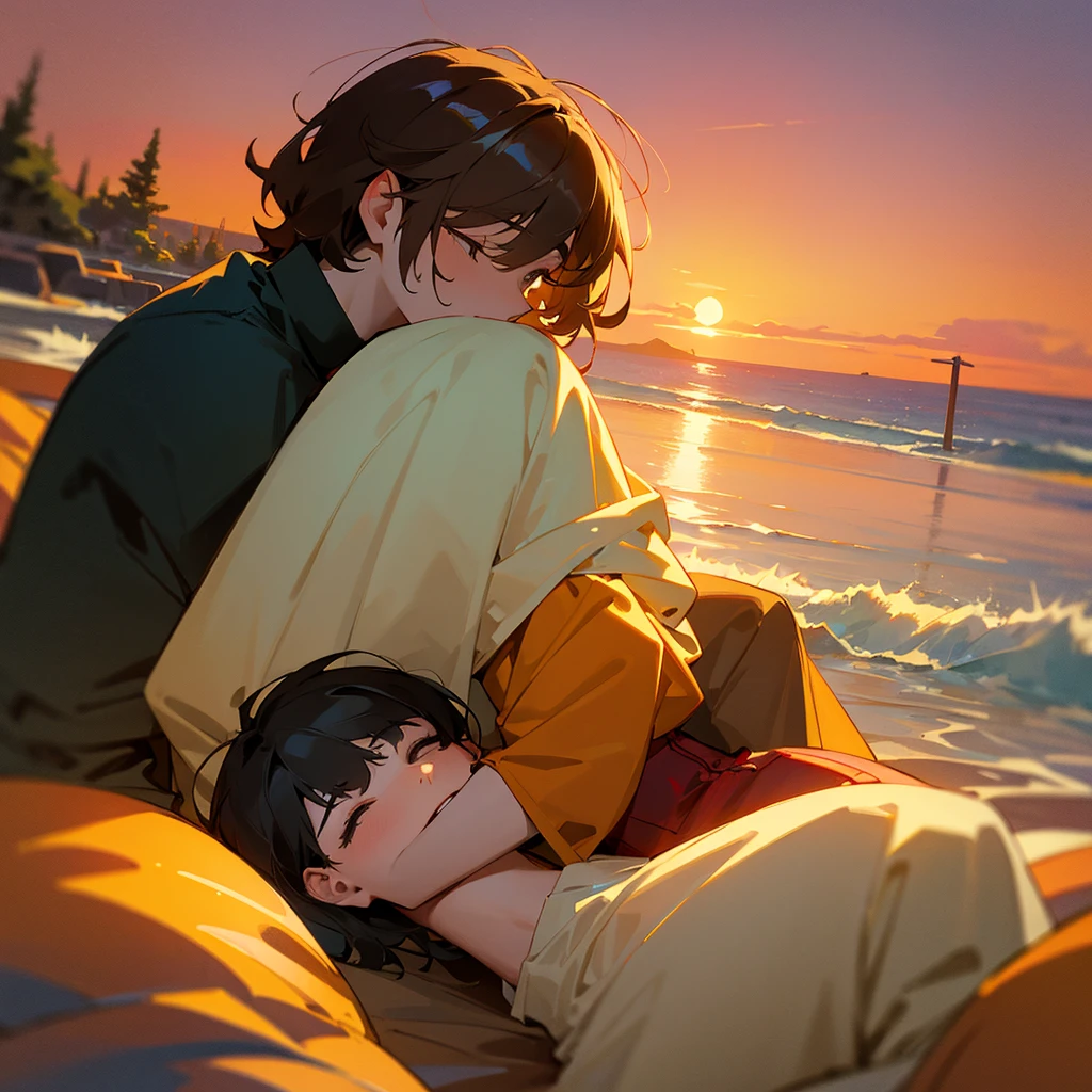  [High quality] [masterpiece] [mind blowing]  "A man and women together and sunset occuring and woman lay down his head on man shoulder