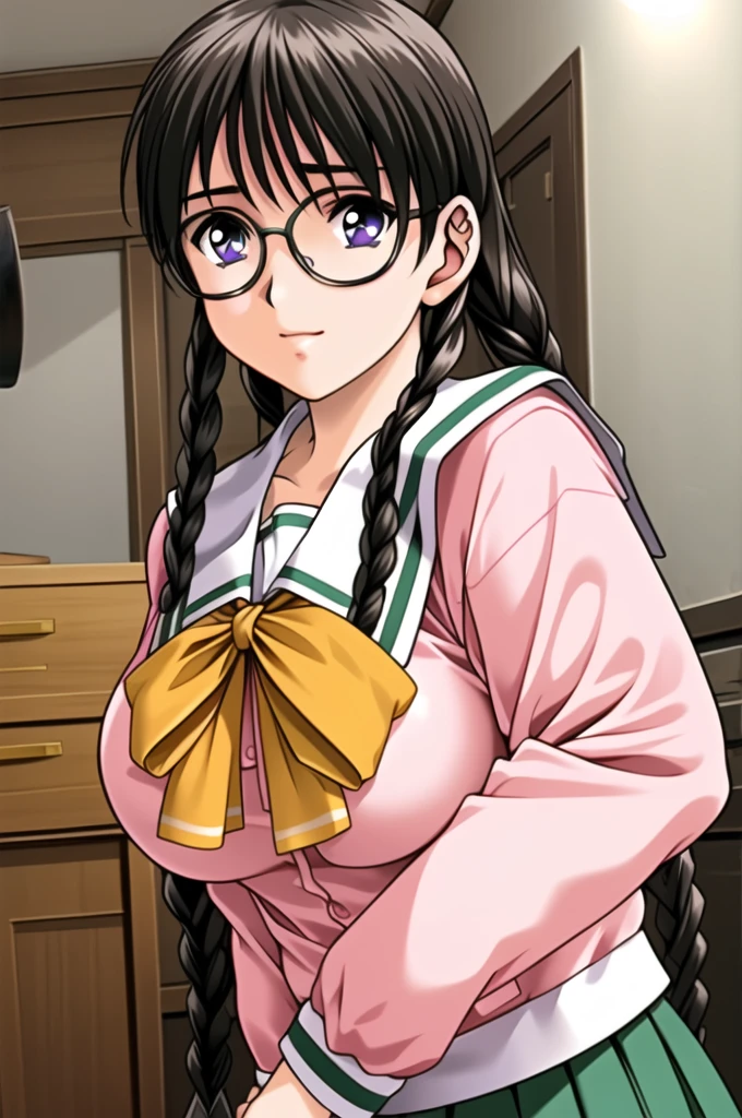 Simple White Background,
(pink_jacket:1.1),(Green_pleated skirt),(sailor_collar), school_uniform, serafuku,long_sleeves,Yellow_bowtie,
glasses, 
black hair,purple eyes,twin braids,Bangs,
1 girl, 20yo,Young female,Beautiful Finger,Beautiful long legs,Beautiful body,Beautiful Nose,Beautiful character design, perfect eyes, perfect face,expressive eyes,perfect balance,
looking at viewer,(Focus on her face),closed mouth, (innocent_big_eyes:1.0),Light_Smile,
official art,extremely detailed CG unity 8k wallpaper, perfect lighting,Colorful, Bright_Front_face_Lighting,shiny skin, 
(masterpiece:1.0),(best_quality:1.0), ultra high res,4K,ultra-detailed,
photography, 8K, HDR, highres, absurdres:1.2, Kodak portra 400, film grain, blurry background, bokeh:1.2, lens flare, (vibrant_color:1.2),professional photograph, 
(Beautiful,large_Breasts:1.4), (beautiful_face:1.5),(narrow_waist),