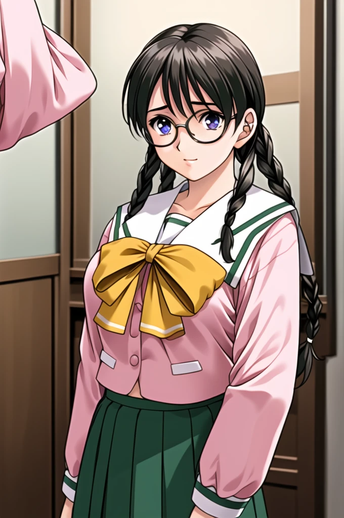 Simple White Background,
(pink_jacket:1.1),(Green_pleated skirt),(sailor_collar), school_uniform, serafuku,long_sleeves,Yellow_bowtie,
glasses, 
black hair,purple eyes,twin braids,Bangs,
1 girl, 20yo,Young female,Beautiful Finger,Beautiful long legs,Beautiful body,Beautiful Nose,Beautiful character design, perfect eyes, perfect face,expressive eyes,perfect balance,
looking at viewer,(Focus on her face),closed mouth, (innocent_big_eyes:1.0),Light_Smile,
official art,extremely detailed CG unity 8k wallpaper, perfect lighting,Colorful, Bright_Front_face_Lighting,shiny skin, 
(masterpiece:1.0),(best_quality:1.0), ultra high res,4K,ultra-detailed,
photography, 8K, HDR, highres, absurdres:1.2, Kodak portra 400, film grain, blurry background, bokeh:1.2, lens flare, (vibrant_color:1.2),professional photograph, 
(Beautiful,large_Breasts:1.4), (beautiful_face:1.5),(narrow_waist),