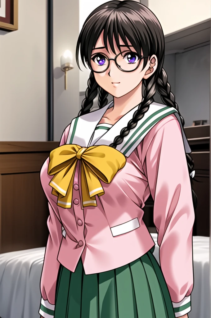 Simple White Background,
(pink_jacket:1.1),(Green_pleated skirt),(sailor_collar), school_uniform, serafuku,long_sleeves,Yellow_bowtie,
glasses, 
black hair,purple eyes,twin braids,Bangs,
1 girl, 20yo,Young female,Beautiful Finger,Beautiful long legs,Beautiful body,Beautiful Nose,Beautiful character design, perfect eyes, perfect face,expressive eyes,perfect balance,
looking at viewer,(Focus on her face),closed mouth, (innocent_big_eyes:1.0),Light_Smile,
official art,extremely detailed CG unity 8k wallpaper, perfect lighting,Colorful, Bright_Front_face_Lighting,shiny skin, 
(masterpiece:1.0),(best_quality:1.0), ultra high res,4K,ultra-detailed,
photography, 8K, HDR, highres, absurdres:1.2, Kodak portra 400, film grain, blurry background, bokeh:1.2, lens flare, (vibrant_color:1.2),professional photograph, 
(Beautiful,large_Breasts:1.4), (beautiful_face:1.5),(narrow_waist),