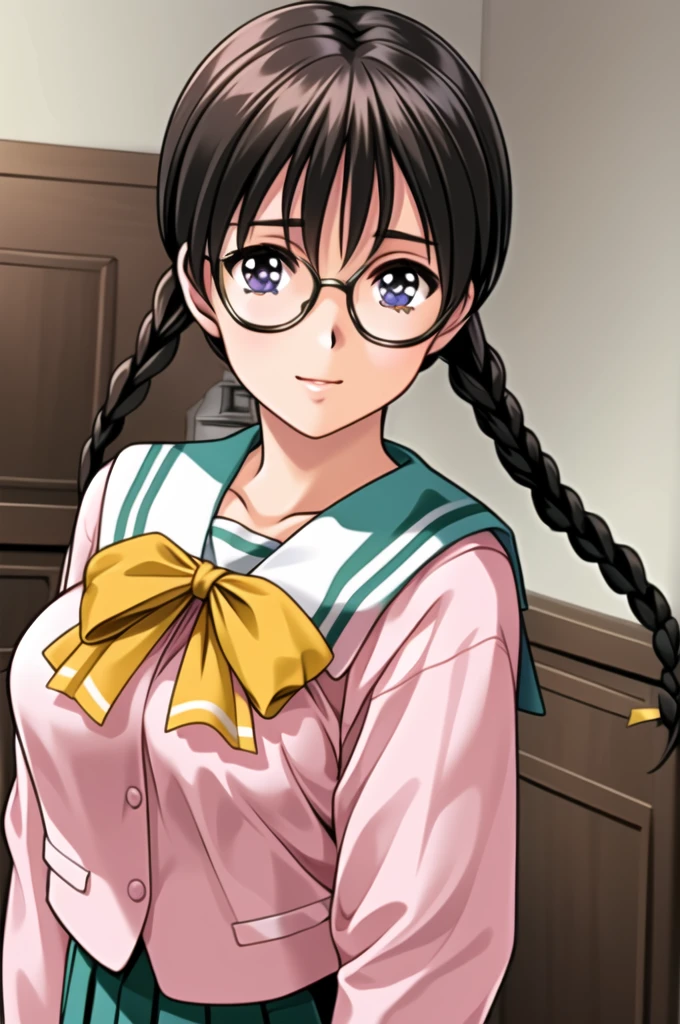 Simple White Background,
(pink_jacket:1.1),(Green_pleated skirt),(sailor_collar), school_uniform, serafuku,long_sleeves,Yellow_bowtie,
glasses, 
black hair,purple eyes,twin braids,Bangs,
1 girl, 20yo,Young female,Beautiful Finger,Beautiful long legs,Beautiful body,Beautiful Nose,Beautiful character design, perfect eyes, perfect face,expressive eyes,perfect balance,
looking at viewer,(Focus on her face),closed mouth, (innocent_big_eyes:1.0),Light_Smile,
official art,extremely detailed CG unity 8k wallpaper, perfect lighting,Colorful, Bright_Front_face_Lighting,shiny skin, 
(masterpiece:1.0),(best_quality:1.0), ultra high res,4K,ultra-detailed,
photography, 8K, HDR, highres, absurdres:1.2, Kodak portra 400, film grain, blurry background, bokeh:1.2, lens flare, (vibrant_color:1.2),professional photograph, 
(Beautiful,large_Breasts:1.4), (beautiful_face:1.5),(narrow_waist),